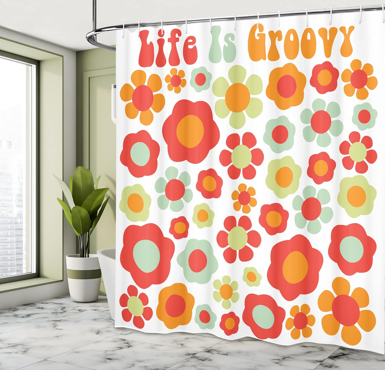 Ambesonne Groovy Shower Curtain, Goofy Life with Petals in Retro Colors with The Old Fashioned Style of a Revival Artwork, Fabric Bathroom Decor Set with Hooks, 69" W x 70" L, Mint Green Orange Red
