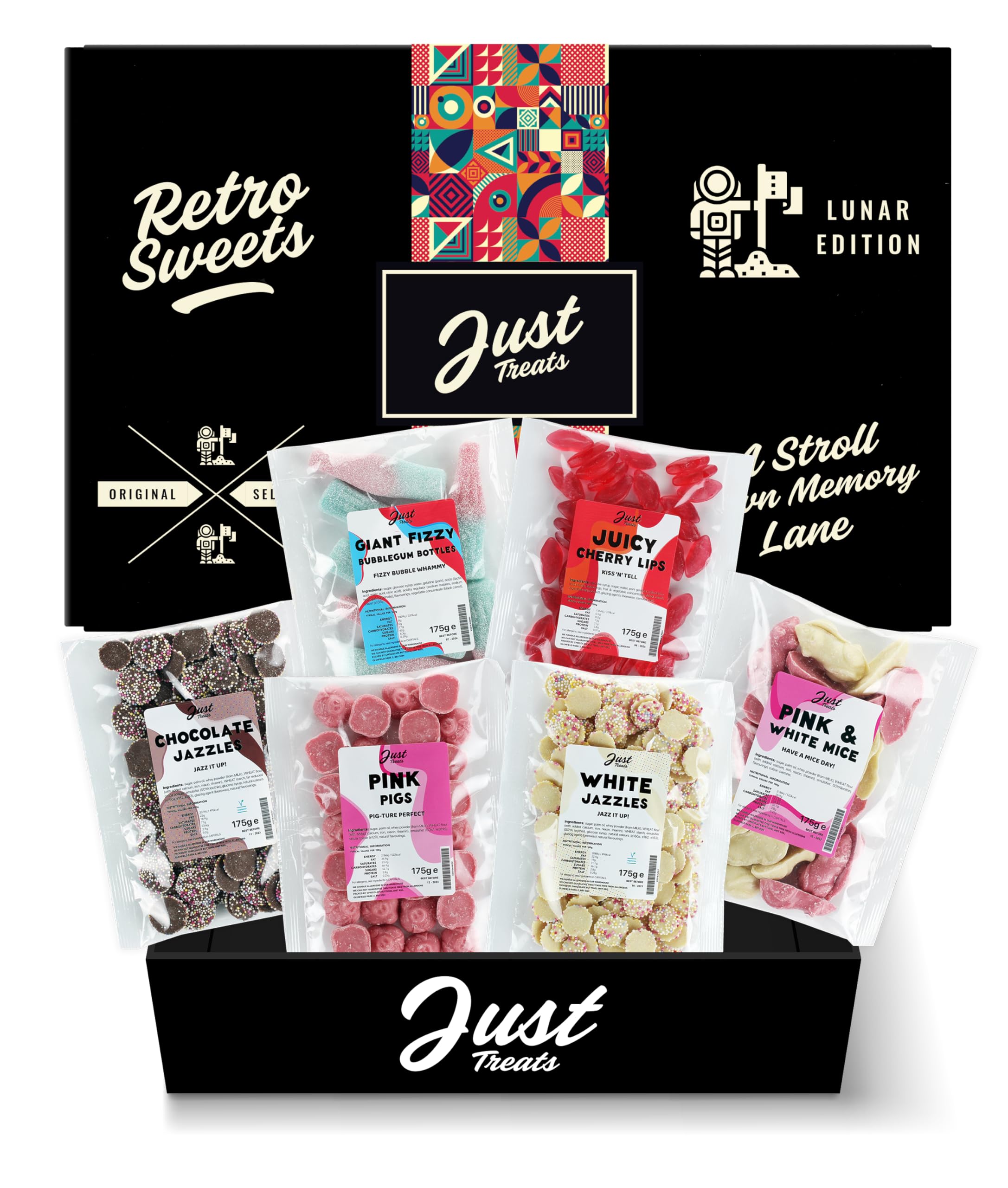 Just TreatsLunar Sweet Six Choc Hamper - Choc Jazzles, Giant Fizzy Bubblegum Bottles, Juicy Cherry Lips, Pink and White Mice, Pink Pigs and White Choc Snowies (5,14,19,23,24,30)