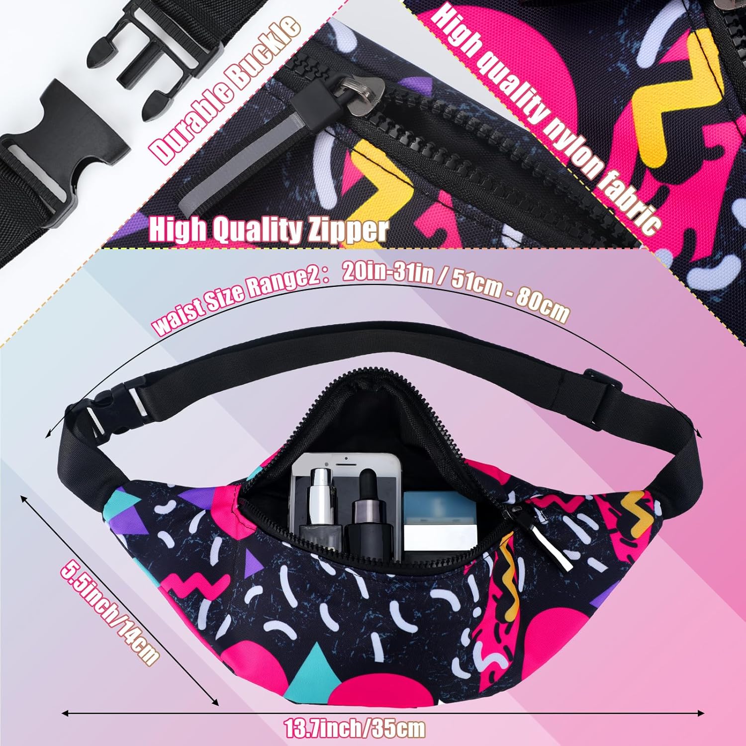 Sotiff 2 Pcs 80s 90s Fanny Pack Retro Waist Packs for Men Women Adjustable Casual Waist Bag Neon Cute Vintage Hiking Belt Bags for Travel Party Festival Hiking(Stylish Style) - Image 2
