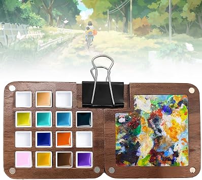 Nizirioo Wooden Sketchbook Palette Mini Travel 15 Grids, Watercolour Box, Empty, Foldable Lid and Mixing Palette, for Watercolour Painting, Acrylic Painting