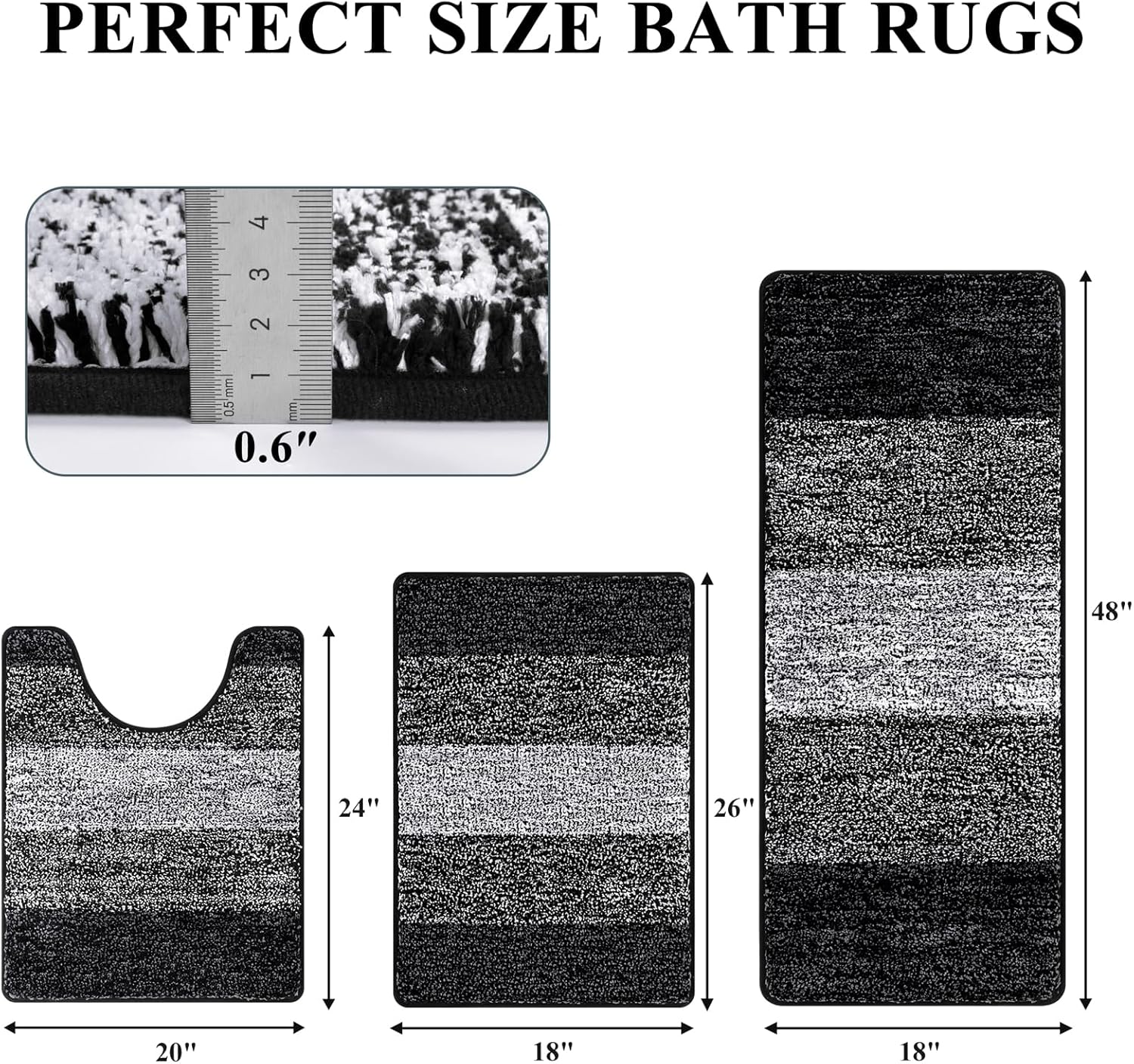 Pauwer Bathroom Rugs Set 3 Piece Non Slip Washable, Microfiber Absorbent Bath Mat Floor Carpet Extra Soft, Quick Dry Shower Rug U-Shaped Contour Toilet Mats, Black