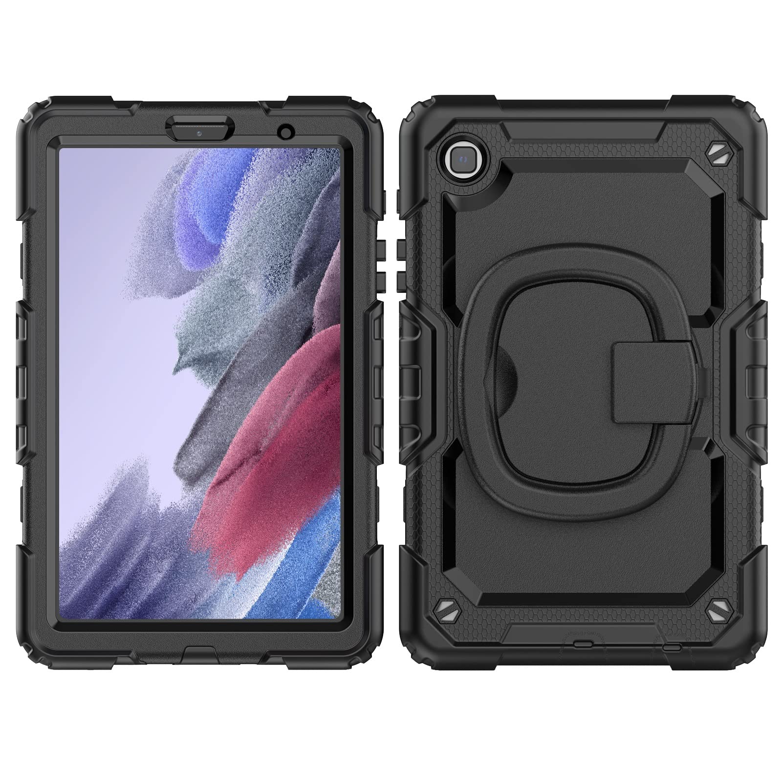 Heavy Duty Shockproof TPU Case Compatible with Samsung Galaxy Tab A7 Lite 8.7 inch T220/T225 (2021) Kids Case,360 Degree Rotating Handle Stand Bracket W Screen Protector+Shoulder Strap (Color : Black