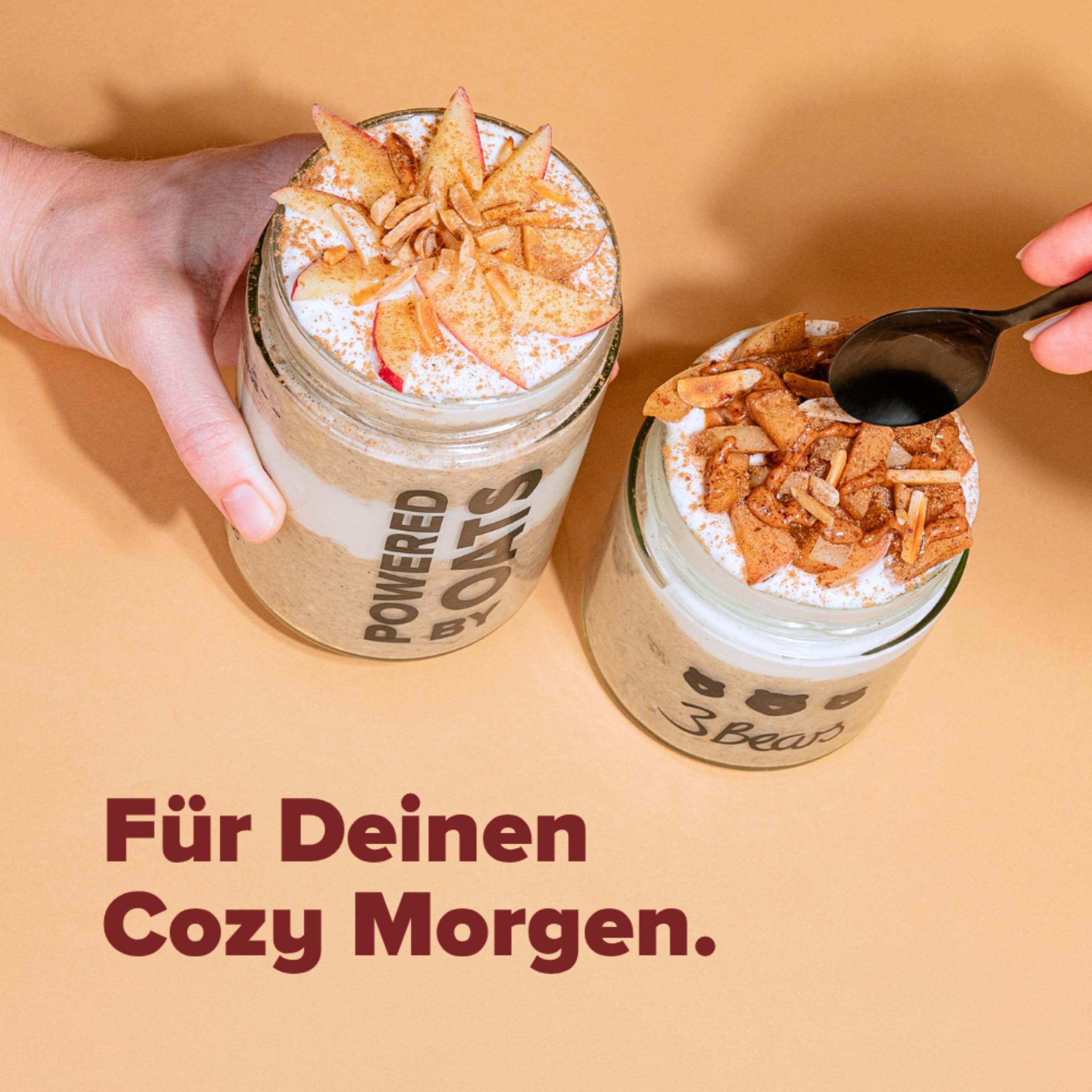 3Bears Overnight Oats Meal Prep Set – Cozy Edition 7x400g inkl. Glas und Erdnussmus - veganer Vollkorn-Hafer in verschiedenen herbstlichen Sorten - schnelles Meal Prep