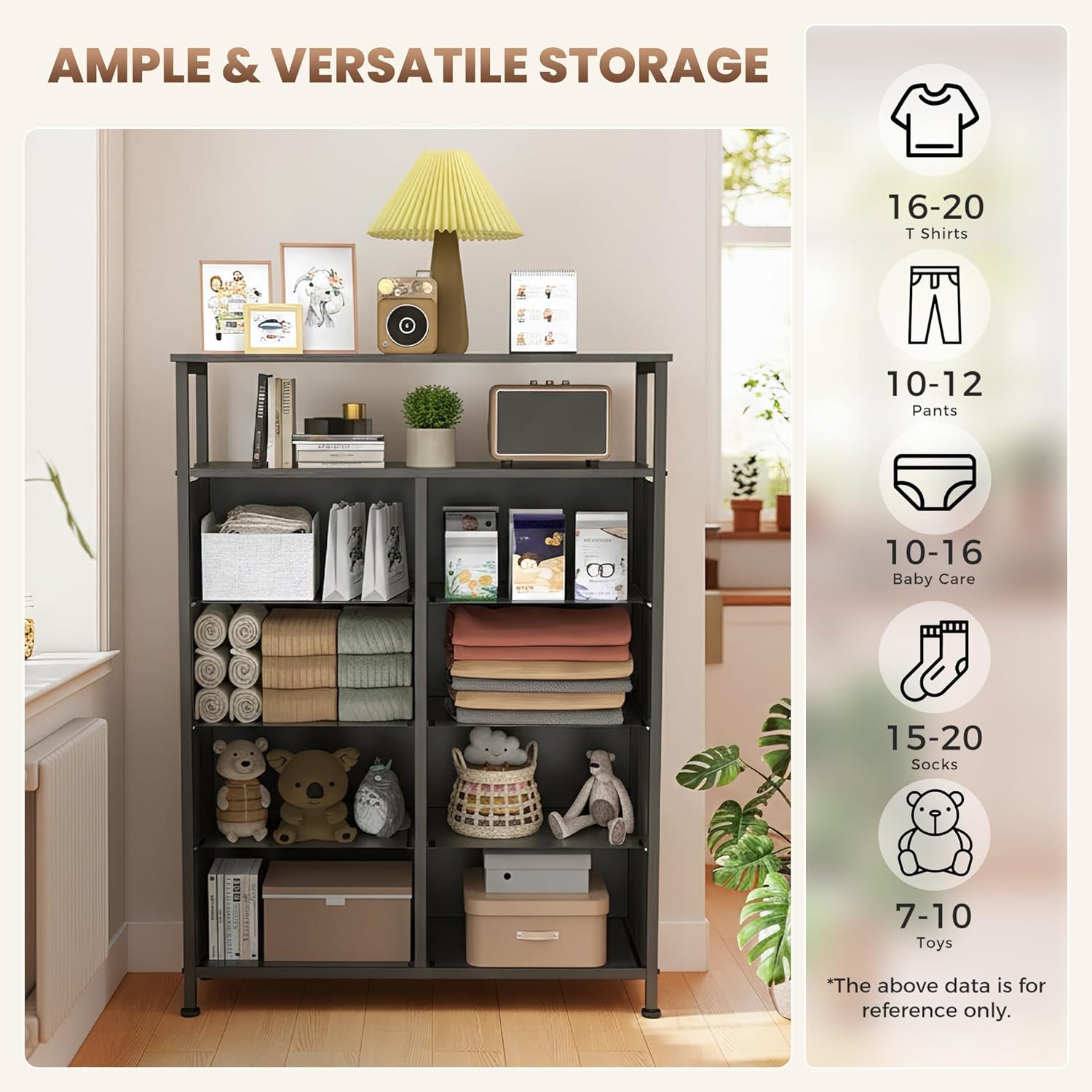 DUMOS Fabric Dresser for Bedroom with 8 Drawers, Tall 8-Drawer Chest of Drawers with Raised Shelf, Storage Tower with Fabric Bins for Closet Organization, Hallway Storage, Black Wood Grain Print