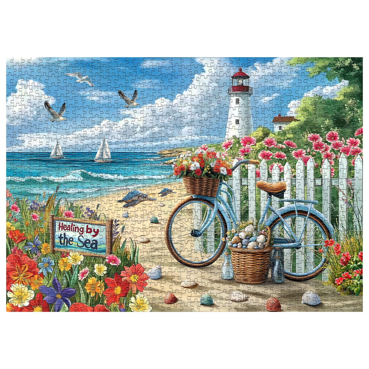 PICKFORU Beach Puzzles for Adults 1000 Pieces, Coastal Lighthouse Puzzle with Flowers Bike Sea Turtle, Nature Summer Ocean Jigsaw Puzzles, Seaside Scenery Challenge for Adults - Image 2