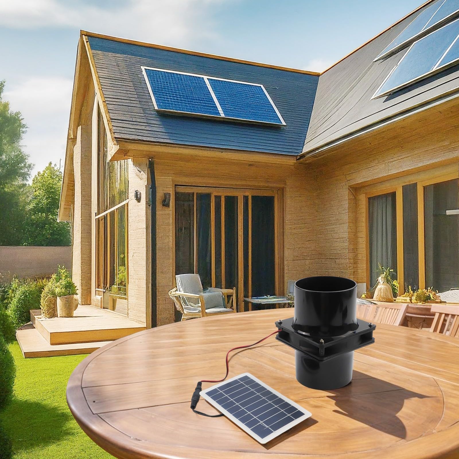 Solarbetriebenes Abluftventilator-Set mit rundem K, 10 W, 12 V, mit ABS-Gehäuse, Belüftungslösung mit integriertem Solarpanel für Wohnmobil, Dachboden, Boot und Gewächshaus (schwarz)