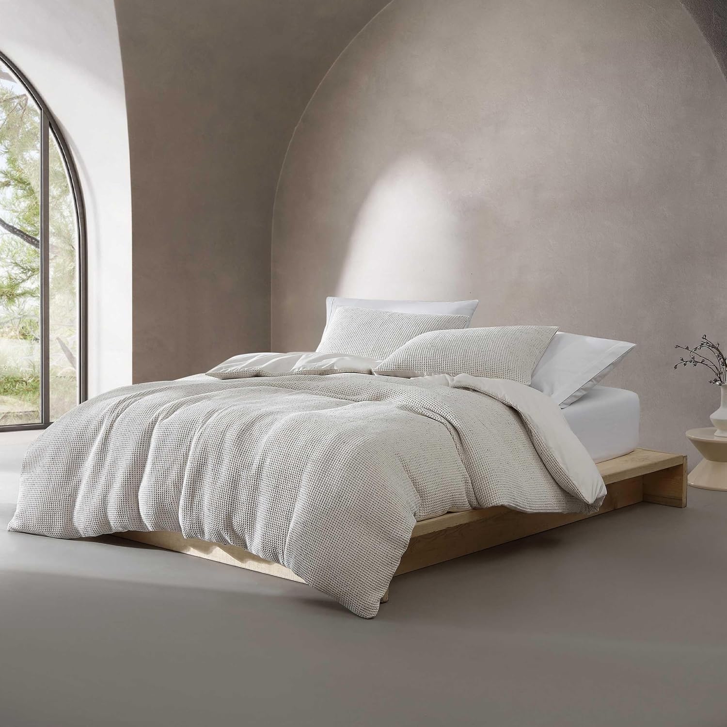 Calvin Klein - Queen Duvet Cover Set, Garment Washed Cotton Bedding with Matching Shams (Speckled Waffle Ivory, Queen)