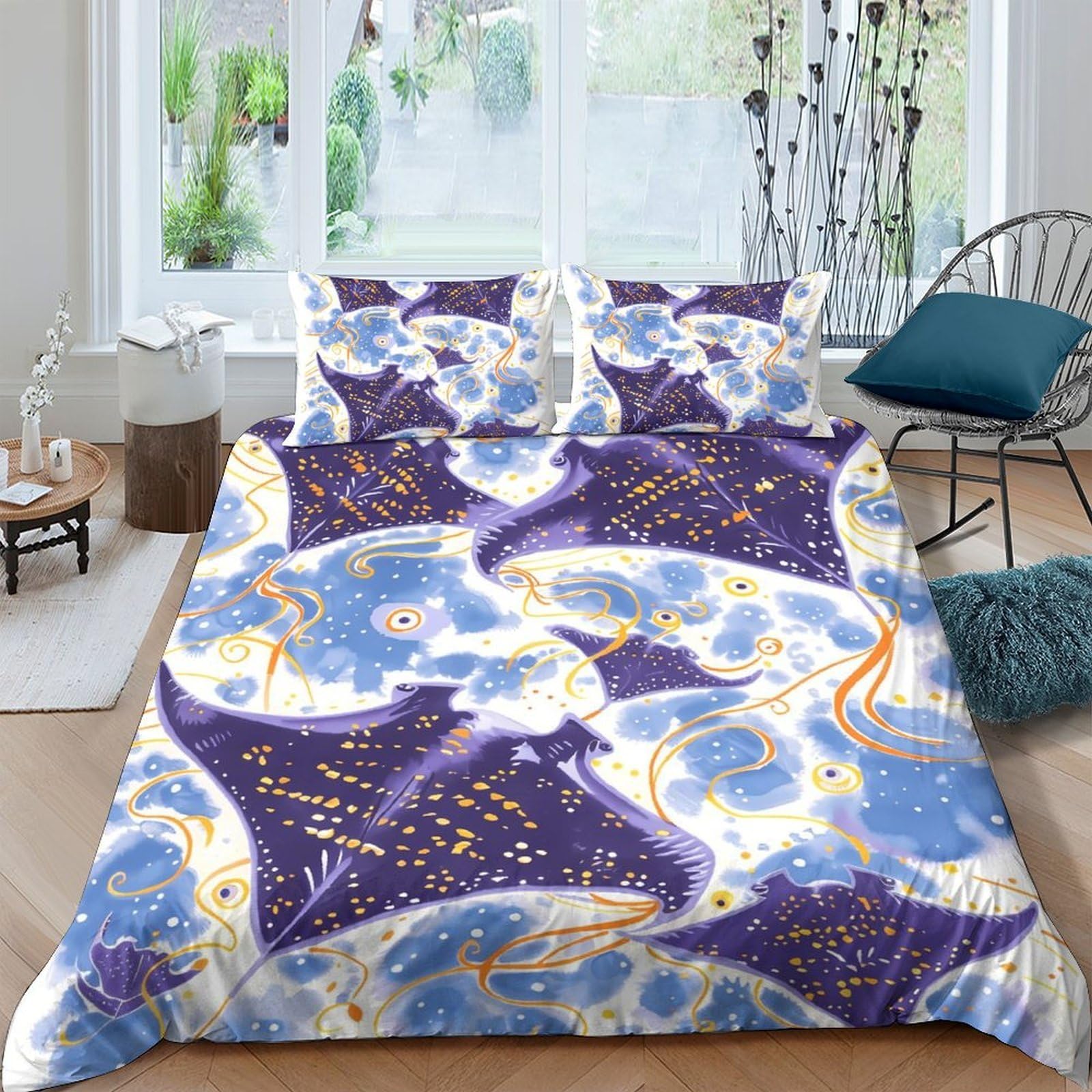 Ctjqhvkz Style-2 3D Printed Ocean Manta Ray Fitted Sheet Microfiber Soft Bedroom Decor Blue Sea Bed Cover For Home Dorm Guest Room Single（135X200cm）