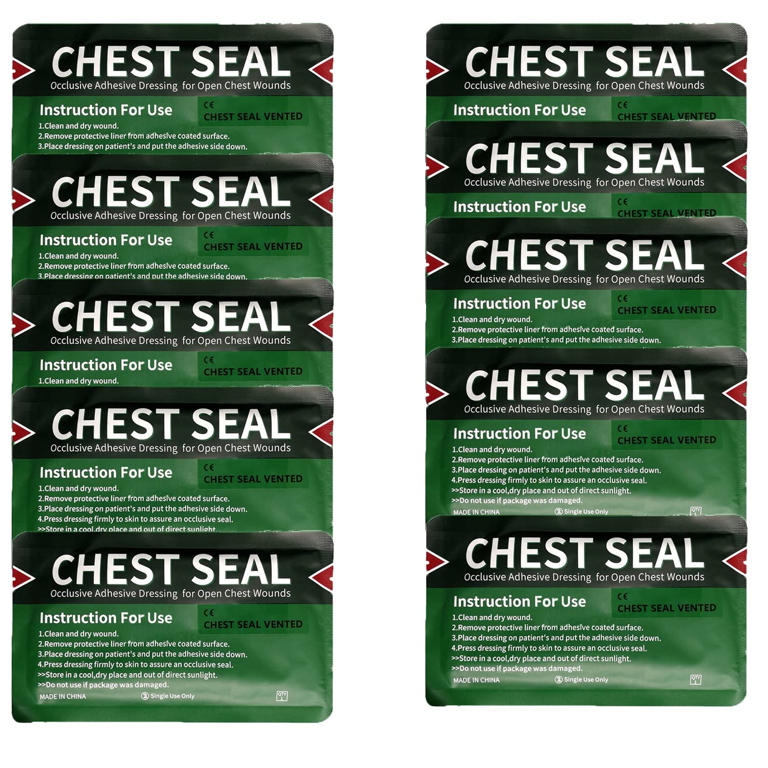 DYHQQ 10 Pack Chest Seal, Vented Chest Seals with 4-Vent Channels for Open Chest Injury, Vent IFAK Trauma Kit Dressing Medical Supplies for First Aid Kit