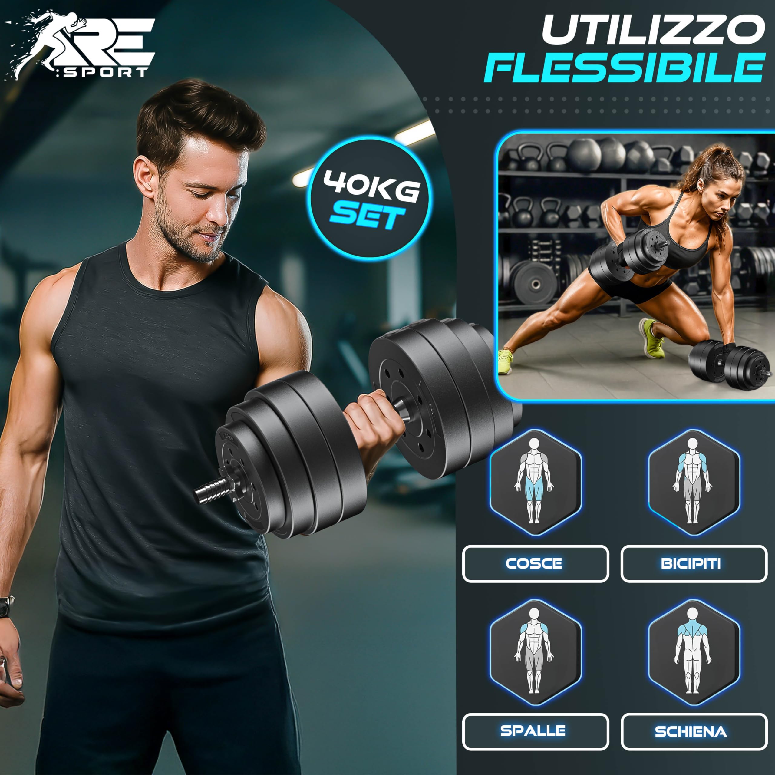 RE:SPORT Set di 2 manubri regolabili 15/20/30/40 kg | Manubri con pesi e 4 chiusure a stella | Manubri fitness per costruzione muscolare, allenamento e casa