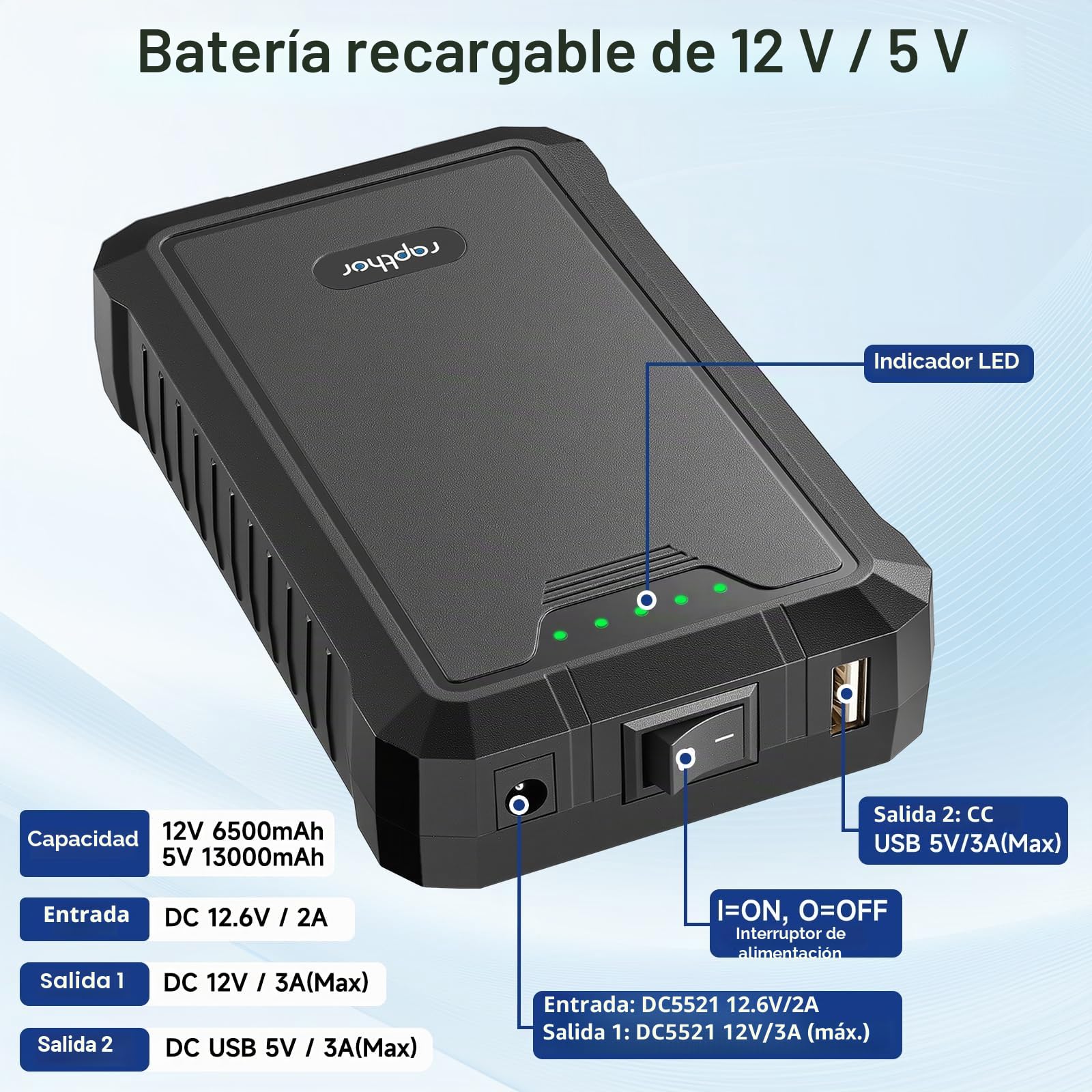 Rapthor Batería recargable de iones de litio de 12 V 6500 mAh/5 V 13000 mAh y salida CC y cargador rápido para tiras de luz LED, routers, cámaras de vigilancia, teléfonos telescópicos, etc