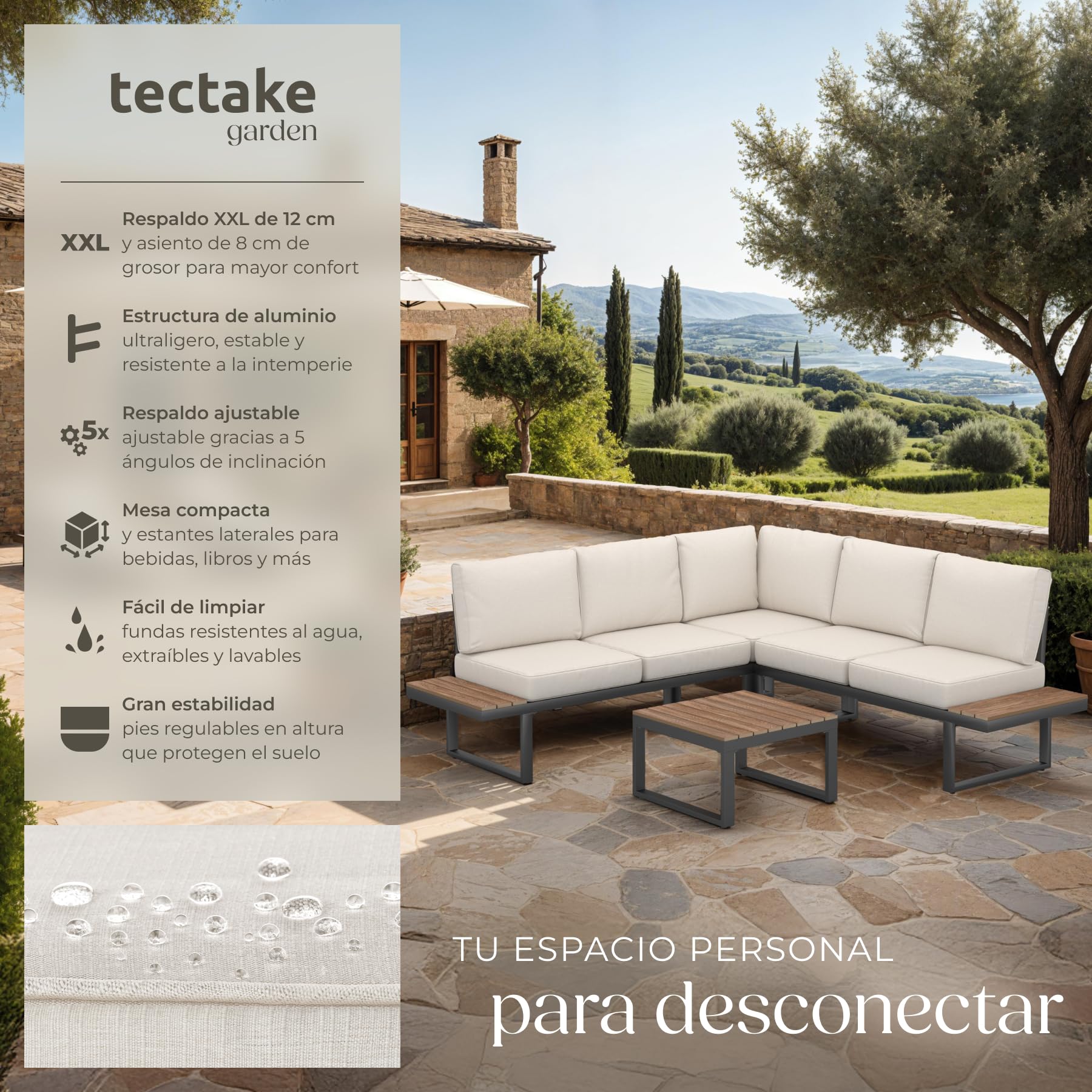 tectake® Conjunto de Muebles Jardin Exterior 4 Piezas, sofá Exterior, Aluminio Resistente a la Intemperie, Cojines extragruesos, Fundas extraíbles, Conjunto Jardin Exterior - Negro