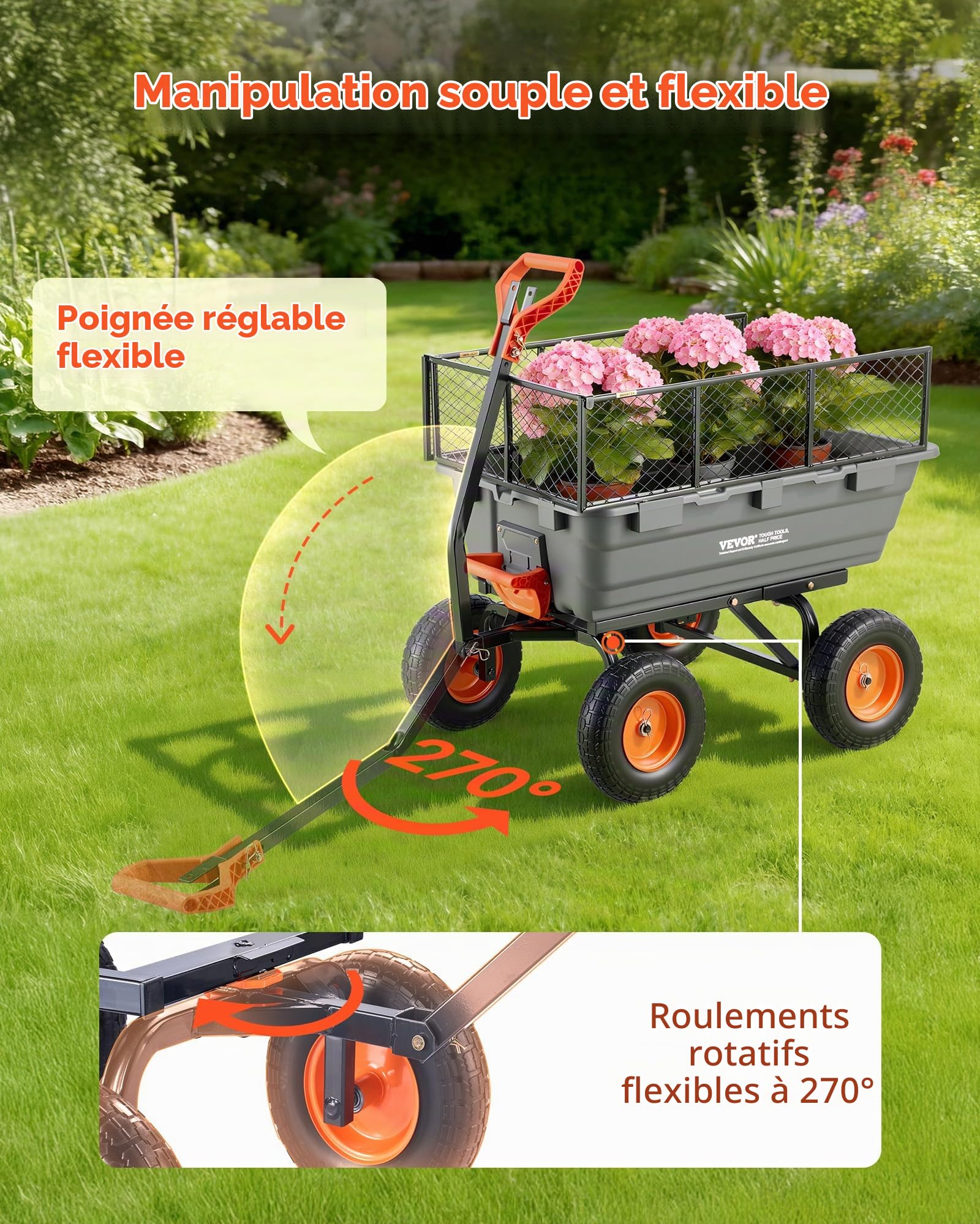VEVOR Chariot de Jardin Basculant Max. 544 kg Chariot à Benne Basculante PP pour Transport de Bois Plantes Terre, Ridelles Amovibles, Poignée 2-en-1 Tractable, 4 Roues Increvables, Basculement à 90°