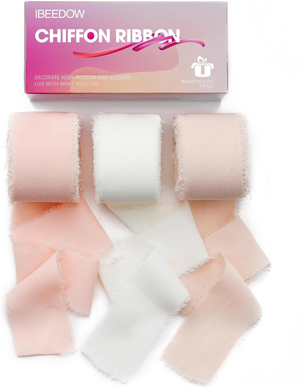 1.5 Inch Chiffon Ribbon 3 Rolls | Terracotta & White Fringe Silk Ribbon For Crafts