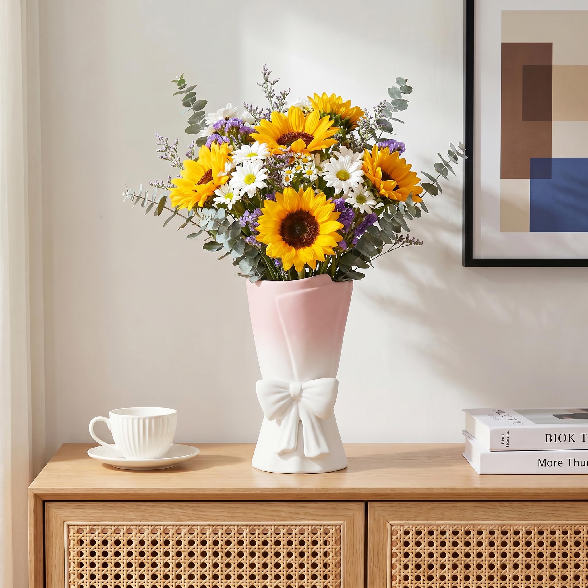 Relexome Różowo-biały ceramiczny wazon z kokardą 24,5 cm unikalny uroczy nowoczesny dekoracyjny bukiet wazony na kwiaty do domu salonu dekoracja stołu kobiety dziewczyny prezenty