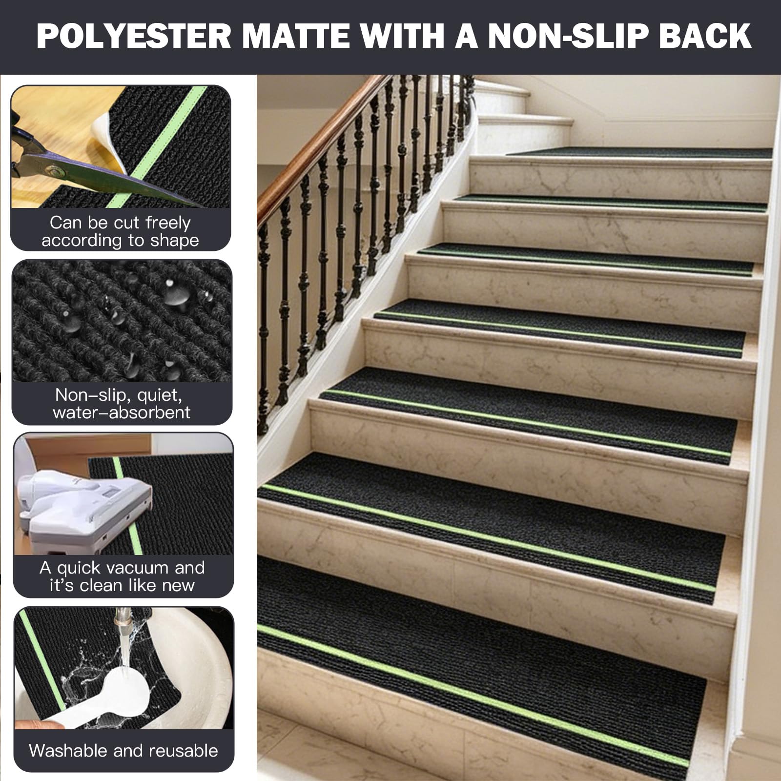 15 Stück Treppenmatten mit Glow in Dark Streifen, Treppenstufen Matten, 76 x 20 Treppenmatten Selbstklebend für Holztreppen, 100% Polyester TPE Rückseite Treppenteppich für Ältere, Haustiere (Schwarz)