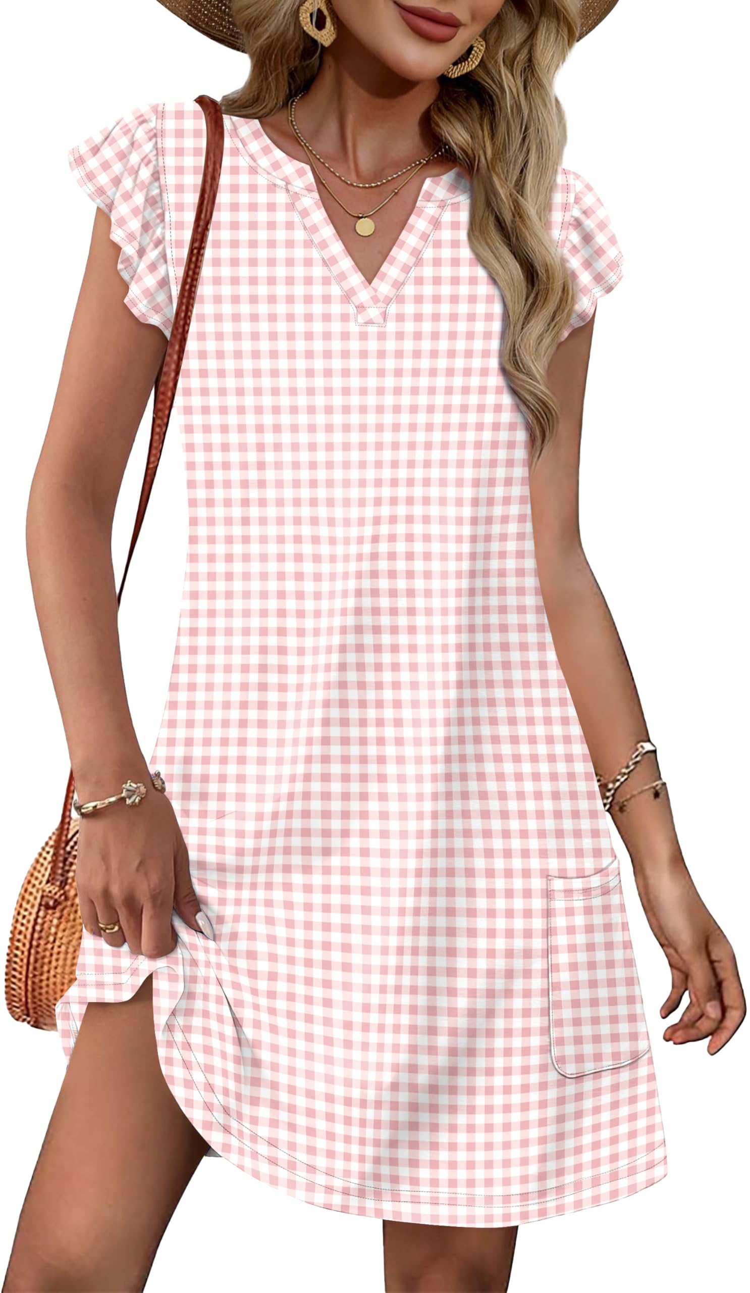 OFEEFAN Spring Summer Dresses for Women 2026 Casual Ruffle Sleeve V Neck Loose Swing Sundresses with Pockets Plain/Print OEKO-TEX STANDARD 100