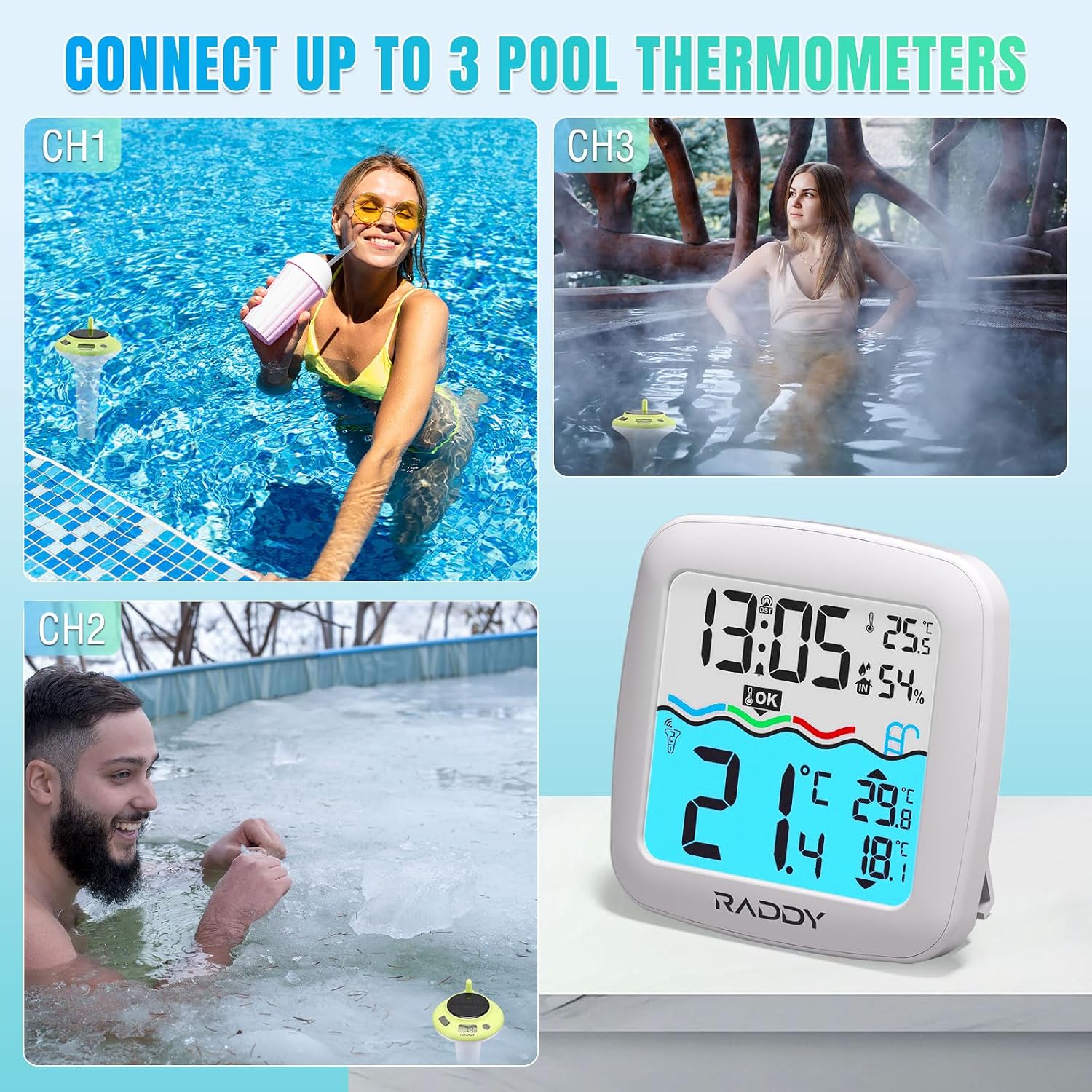 Raddy PT-5 TN Wireless Pool Thermometer Floating Easy Read, IPX8 Waterproof Digital Thermometer with Indoor Temperature Humidity Monitor, Alarm Clock, Solar & Battery Powered for Spa, Pond, Aquarium