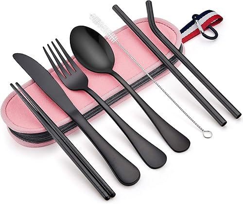 LIANYU Juego de cubiertos de viaje de 8 piezas, color negro, juego de cubiertos portátiles de acero inoxidable, cubiertos reutilizables con palillos