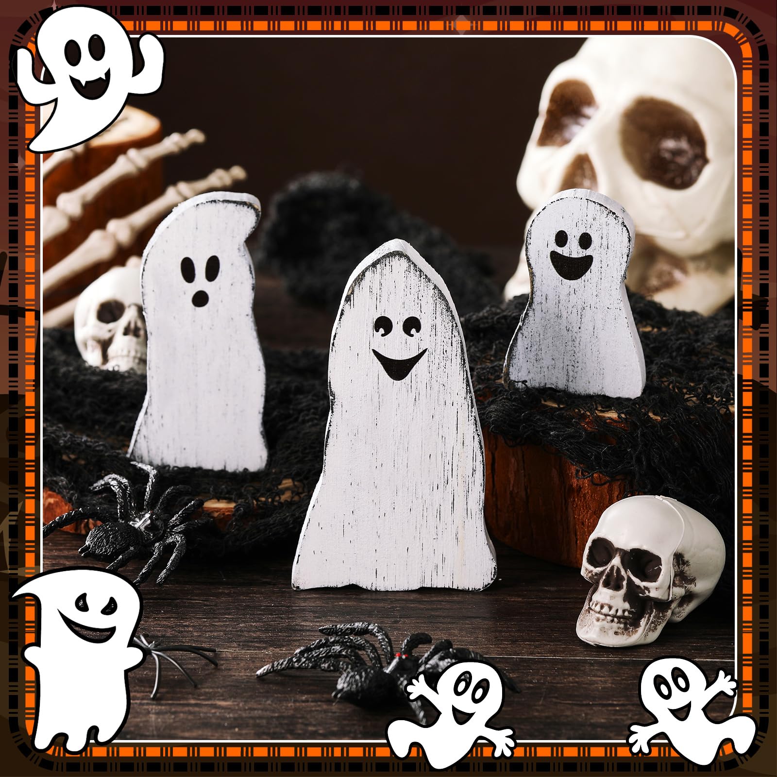 Suzile 3 Pcs Halloween Decor Wooden Ghost Sign Ghost Theme Table Centerpieces Cute Ghost Tiered Tray Decorations Rustic Farmhouse Ghost Sign for Halloween Fall Party Home Shelf Photo Prop Display