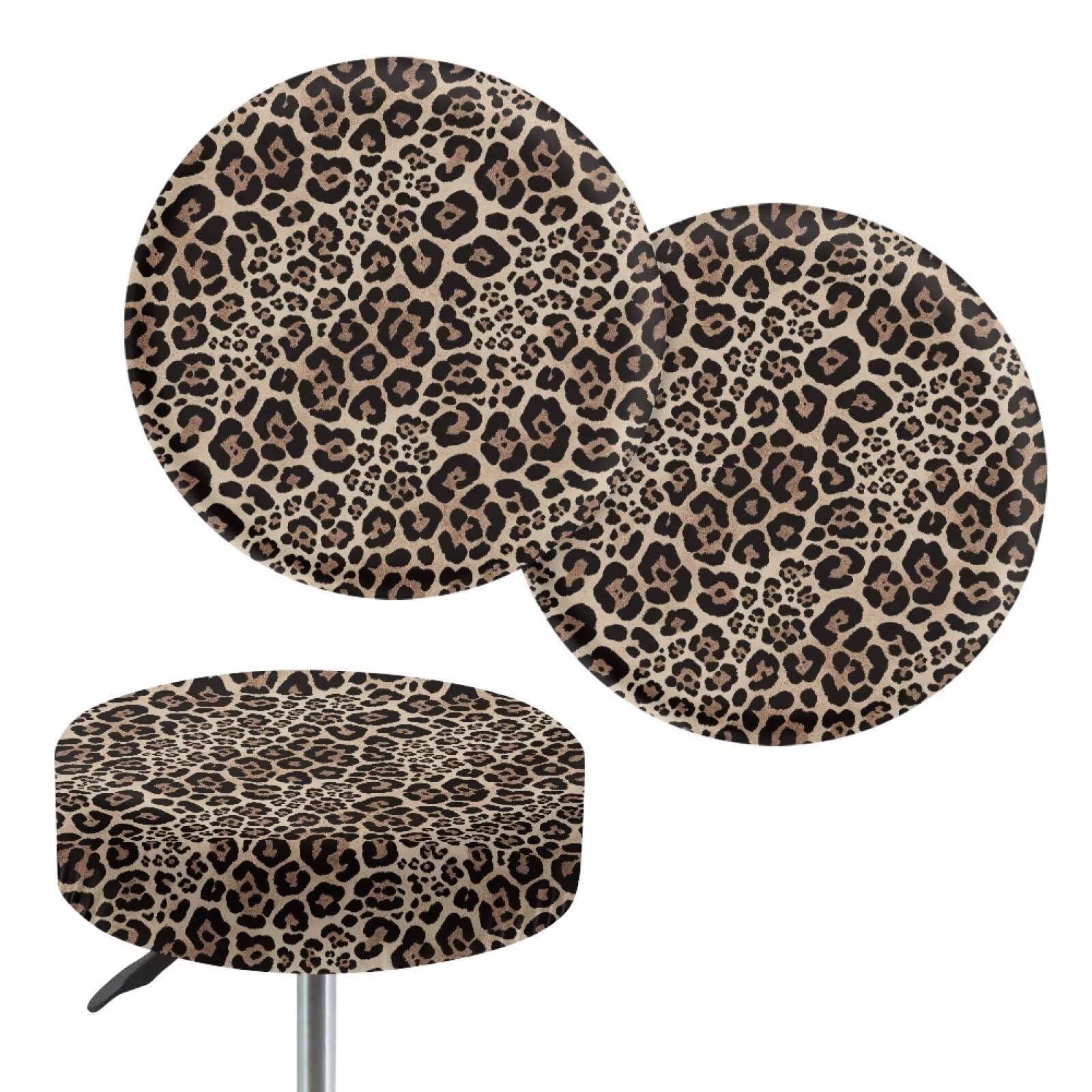 Wanyint Vintage Brown Leopard Print Stool Covers Round 14-16 Inch Washable Bar Stool Slipcovers Anti-Slip Round Stool Chair Saddle Stool Covers Home Decor, 2 Count