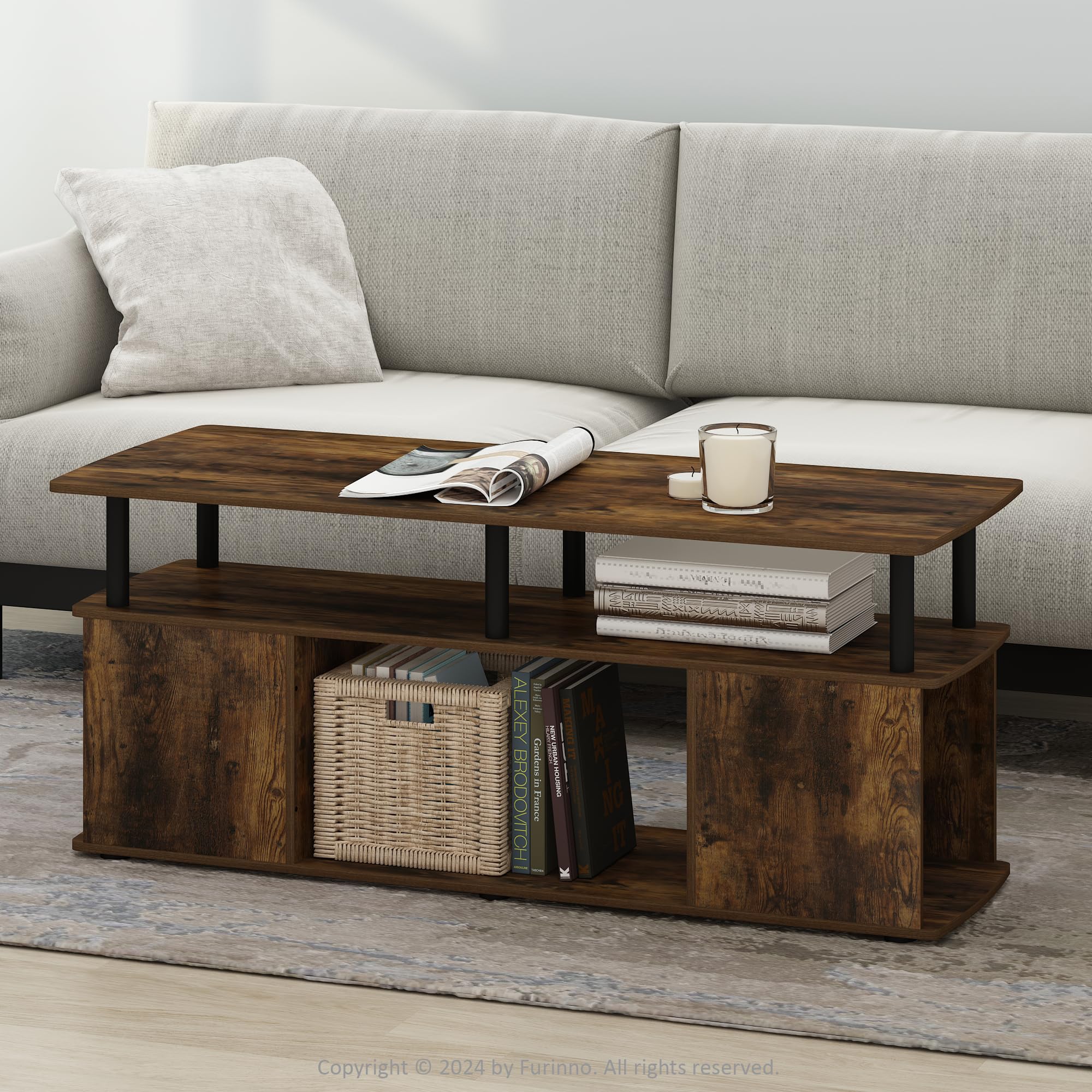 Furinno Jaya Coffee Table, Rectangle Modern Coffee Table with Open Shelf, Side Table with Side Storage, for Living Room, Bedroom, Home Office, Amber