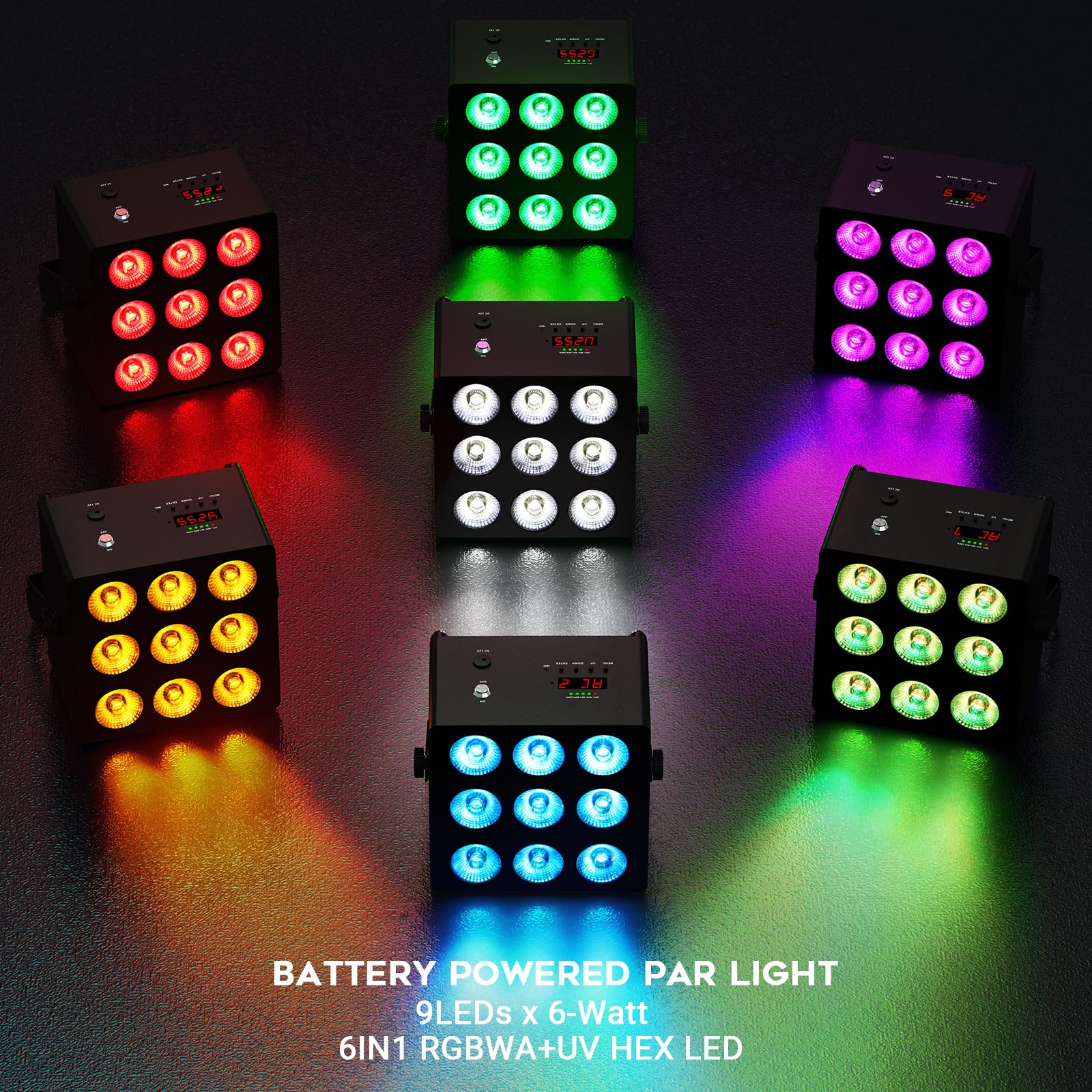 Battery Powered LED Par Lights - 9x6W RGBWAUV Hex LEDs Wireless Par Light 2Pack 6-20 Hours Working DMX512 & Remote Control Metal Case for DJ Music Dance Events Stage Wedding Party Lighting