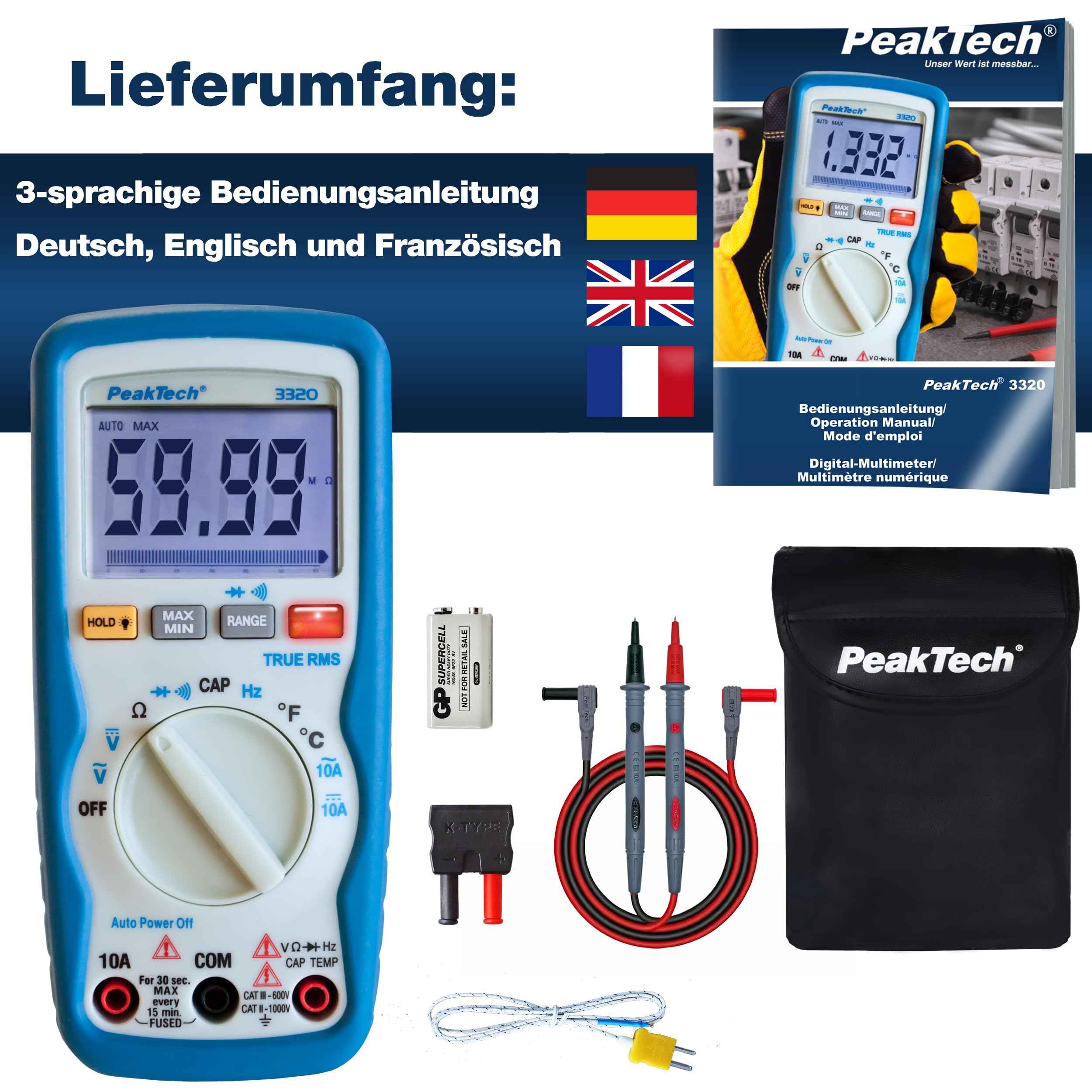 PeakTech P 3320 Digitales Multimeter mit TrueRMS, 10 A AC/DC, 6.000 Zähler, tragbares Multimeter, Voltmeter, Autorange, Durchgangsprüfer, Stromversorgung, Datenspeicher, LCD-Display - CAT III 600 V