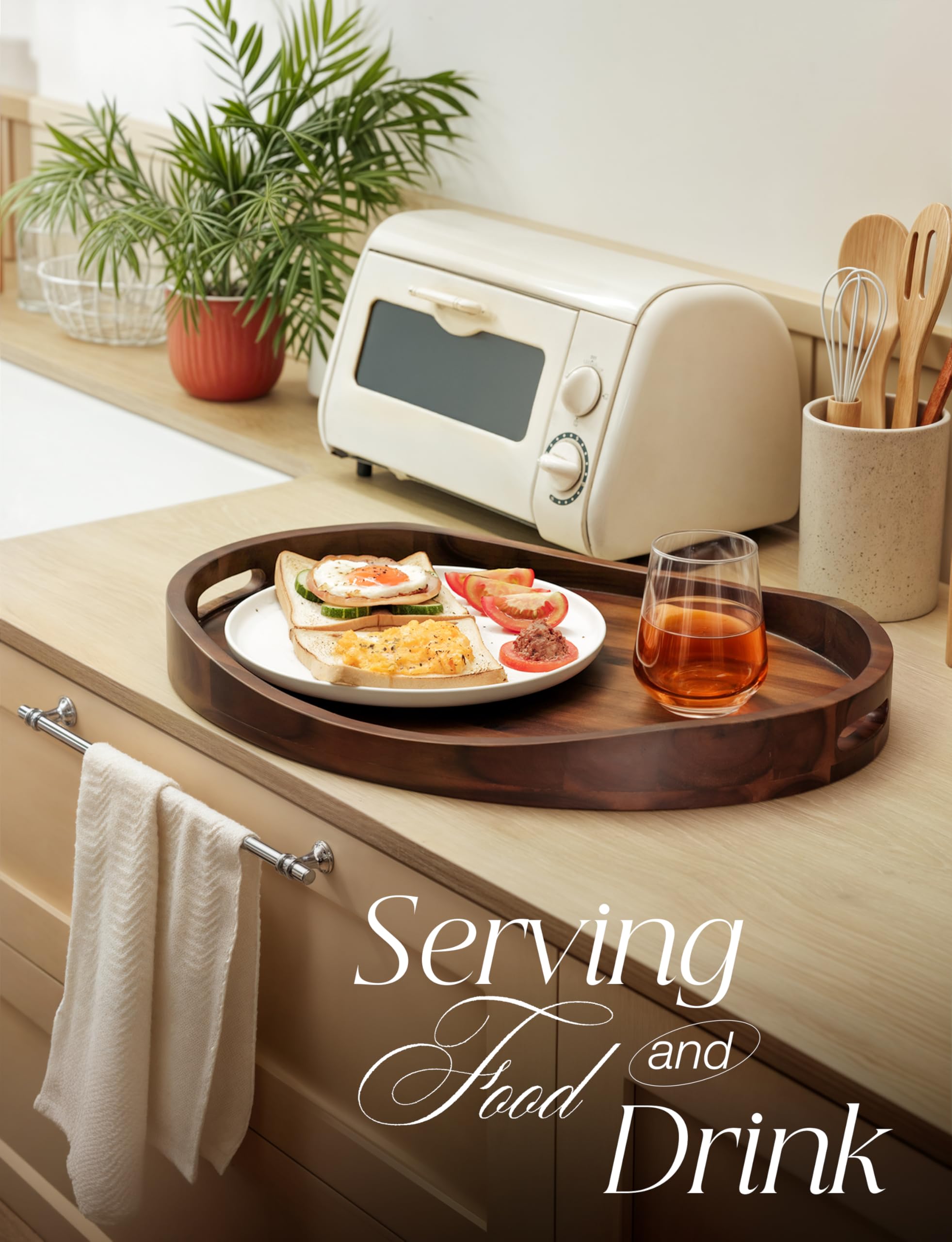 TIDITA Bandeja otomana de madera de acacia con asas, redonda de 20 x 15 pulgadas, bandejas ovaladas grandes para servir para sala de estar, bandejas de madera decorativas para encimera de cocina, mesa