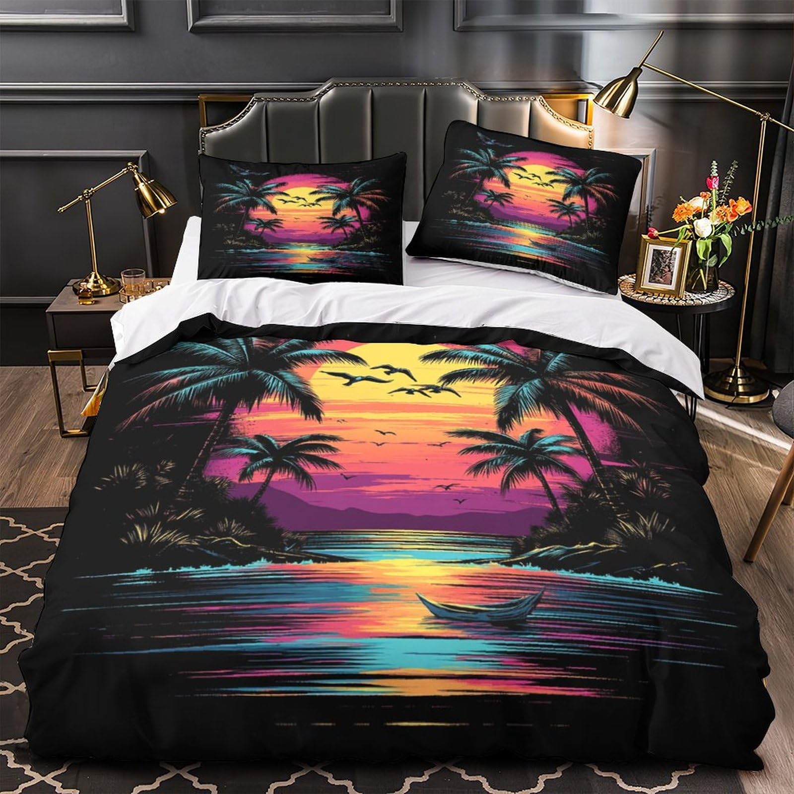Housse de Couette Plage Coucher de Soleil 3D en Microfibre 140x200cm avec 2 Taies d'Oreiller