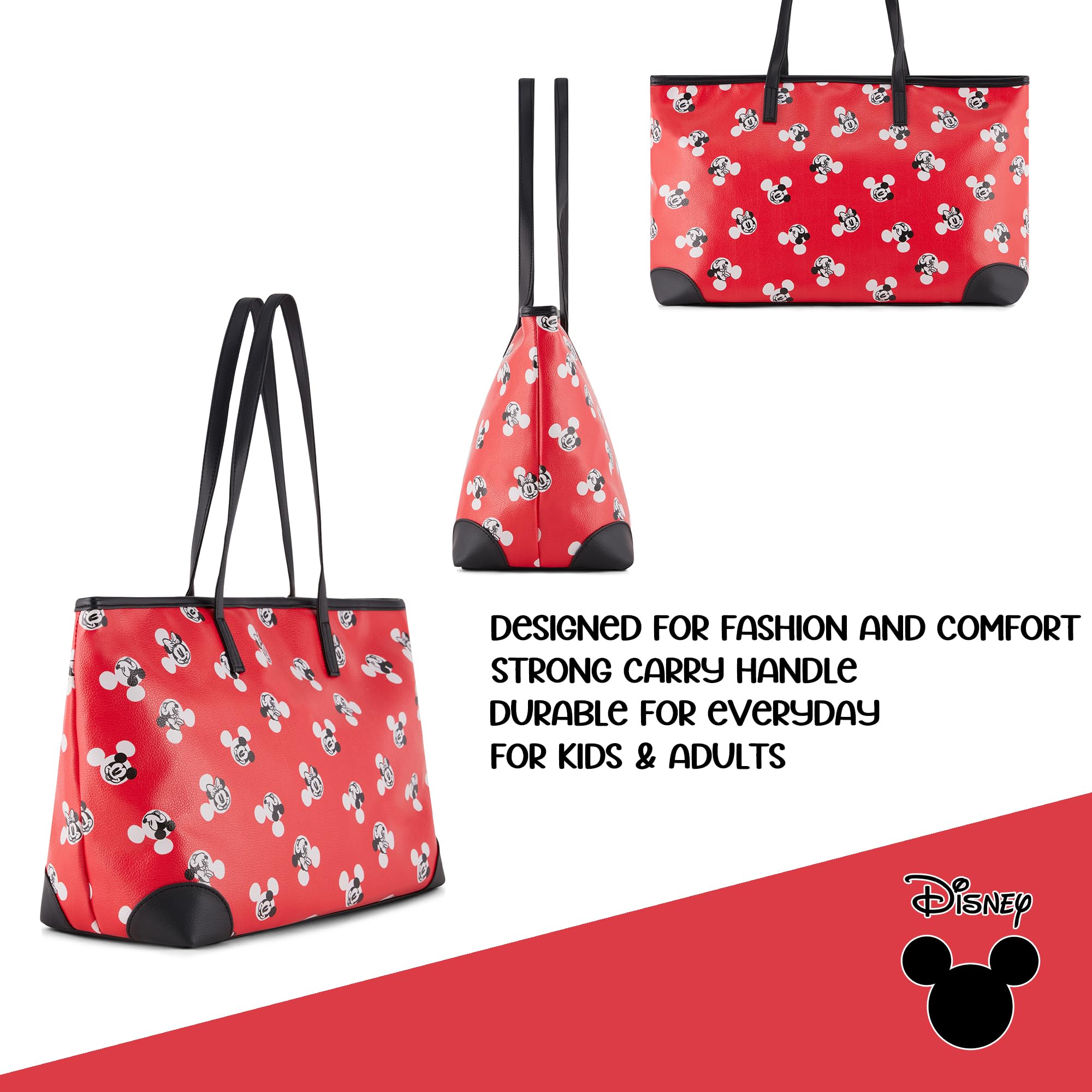 Disney Mickey and Minnie Tote bag - Girls, Boys, Teens, Adults - Mickey and Minnie Mouse Faux PU Leather Cosplay Tote Handbag with Zipper Pouch