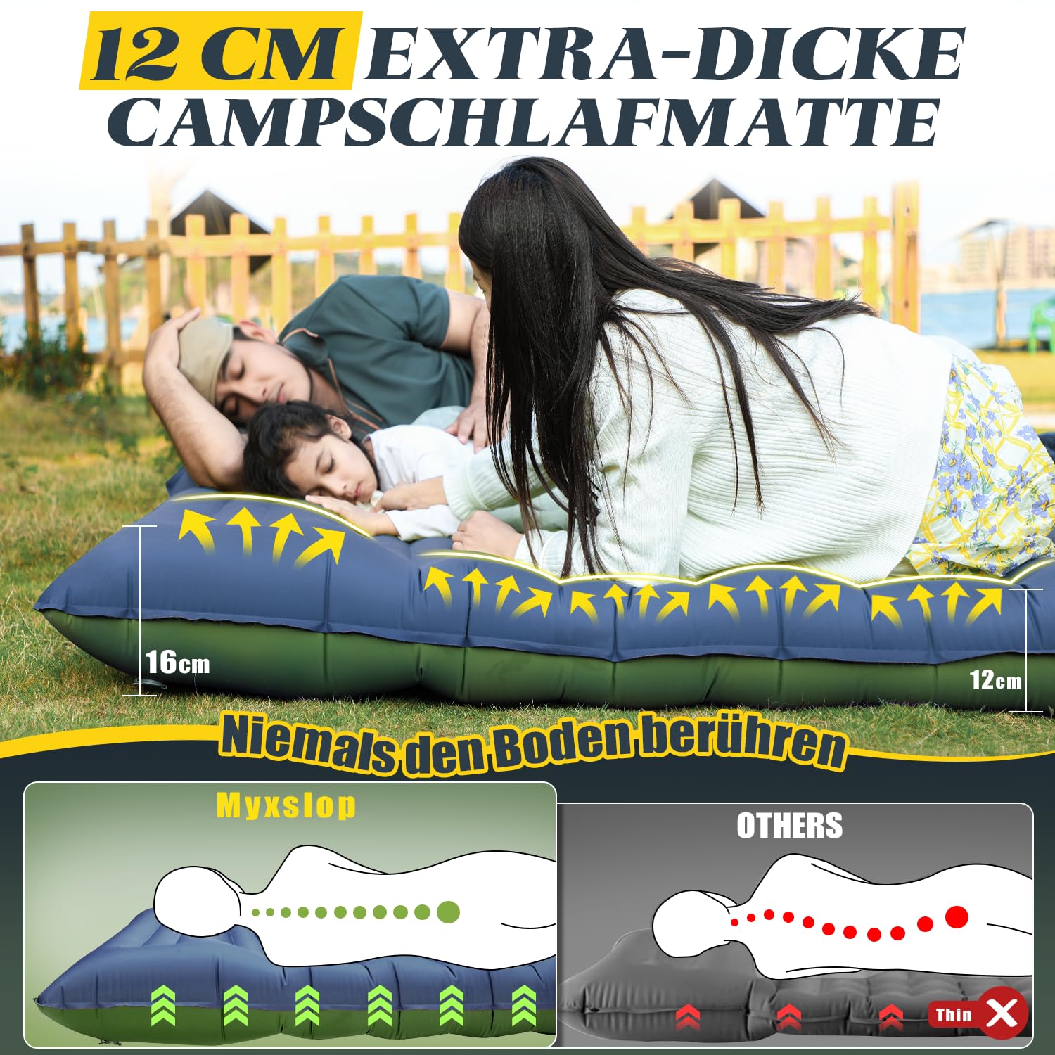 Myxslop Materassino da campeggio per 2 persone, gonfiabile, 12 cm, ultraleggero, materassino ad aria, gonfiabile, piccolo ingombro con pompa a pedale per tenda, zaino, escursionismo e campeggio