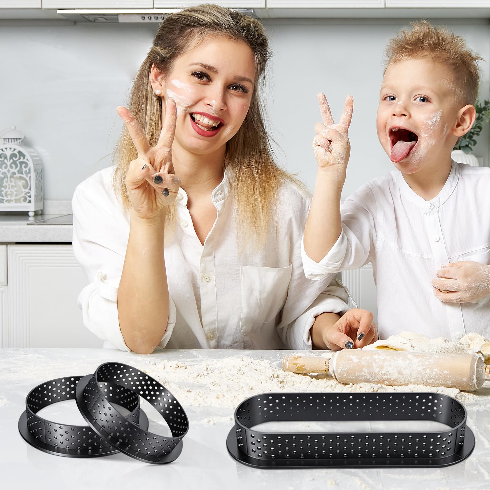 Cable Leader Juego de 16 moldes para tarta de mousse, con orificios de ventilación, ovalados (diámetro de 14,4 cm), redondos (8 cm de diámetro), pequeños moldes perforados para decoración de tartas