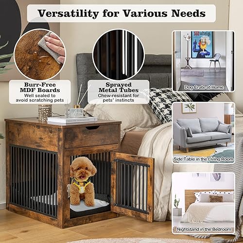 Miniatura 8 de Giantex Mesa auxiliar para jaula de perro, perrera de madera con cojín extraíble, cajones de almacenamiento, puerta con pestillo, soporte de carga