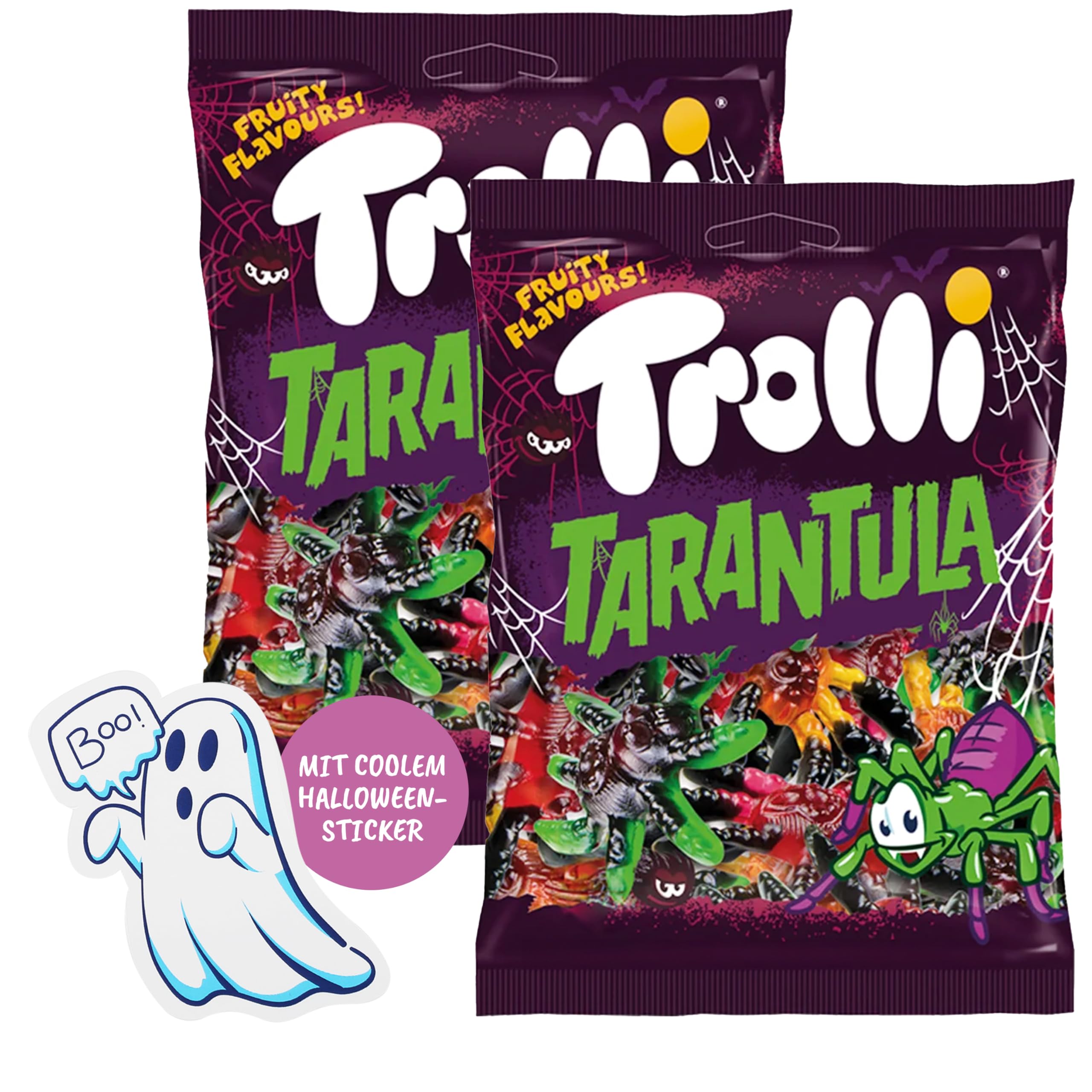 Trolli Ensemble de Tarentules en Caoutchouc de 2 Pièces 150 g Chacune Inclus Autocollants Fantômes, Sans Lactose et Sans Gluten, Bonbons à la Gelée de Fruit en Forme de Tarentule en Divers Saveurs
