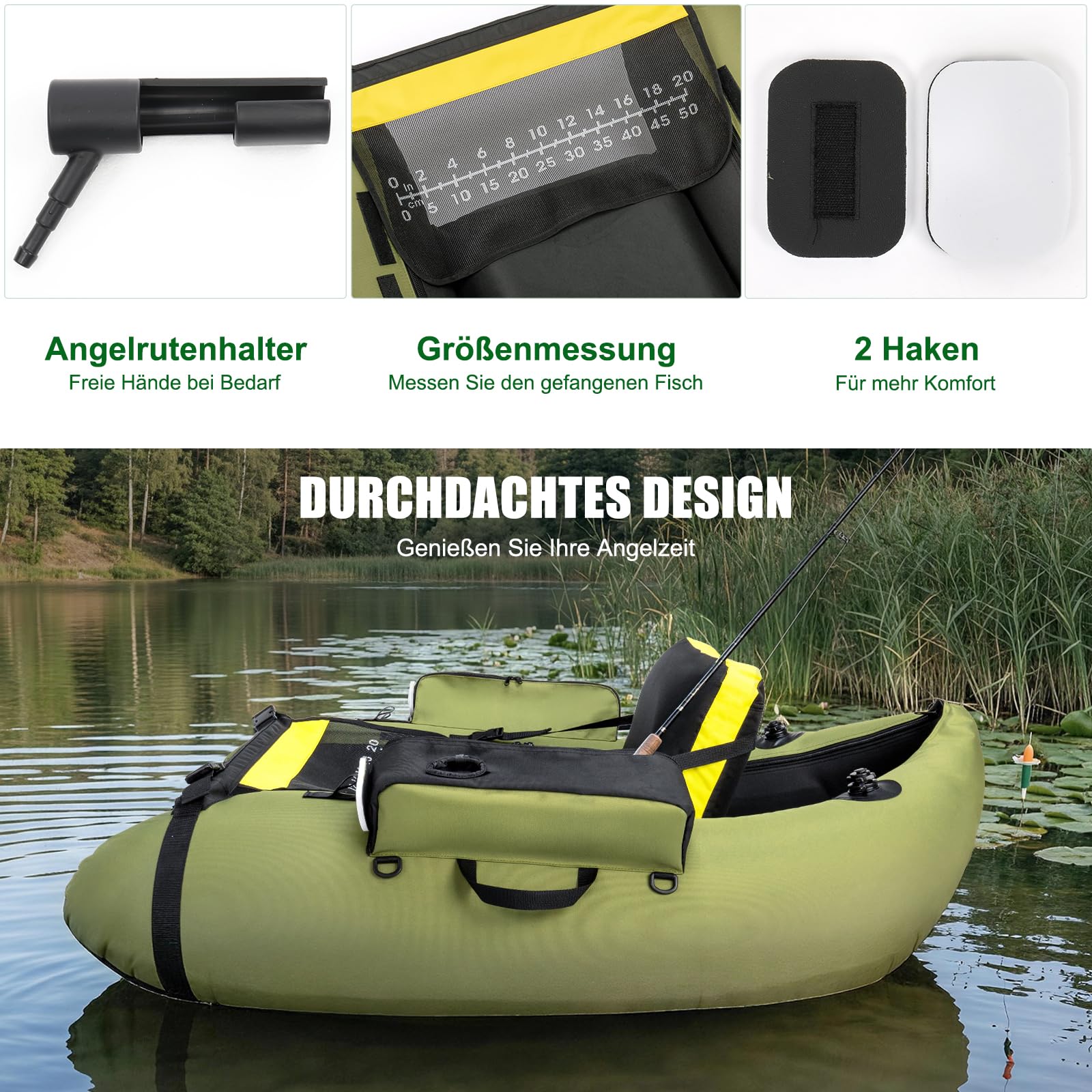 LEADZM Aufblasbares Schlauchboot, Angelboot mit Pumpe, Fischerboot mit Angelrutenhalter, Verstellbaren Gurten, Aufbewahrungstasche, Tragkraft 150 kg