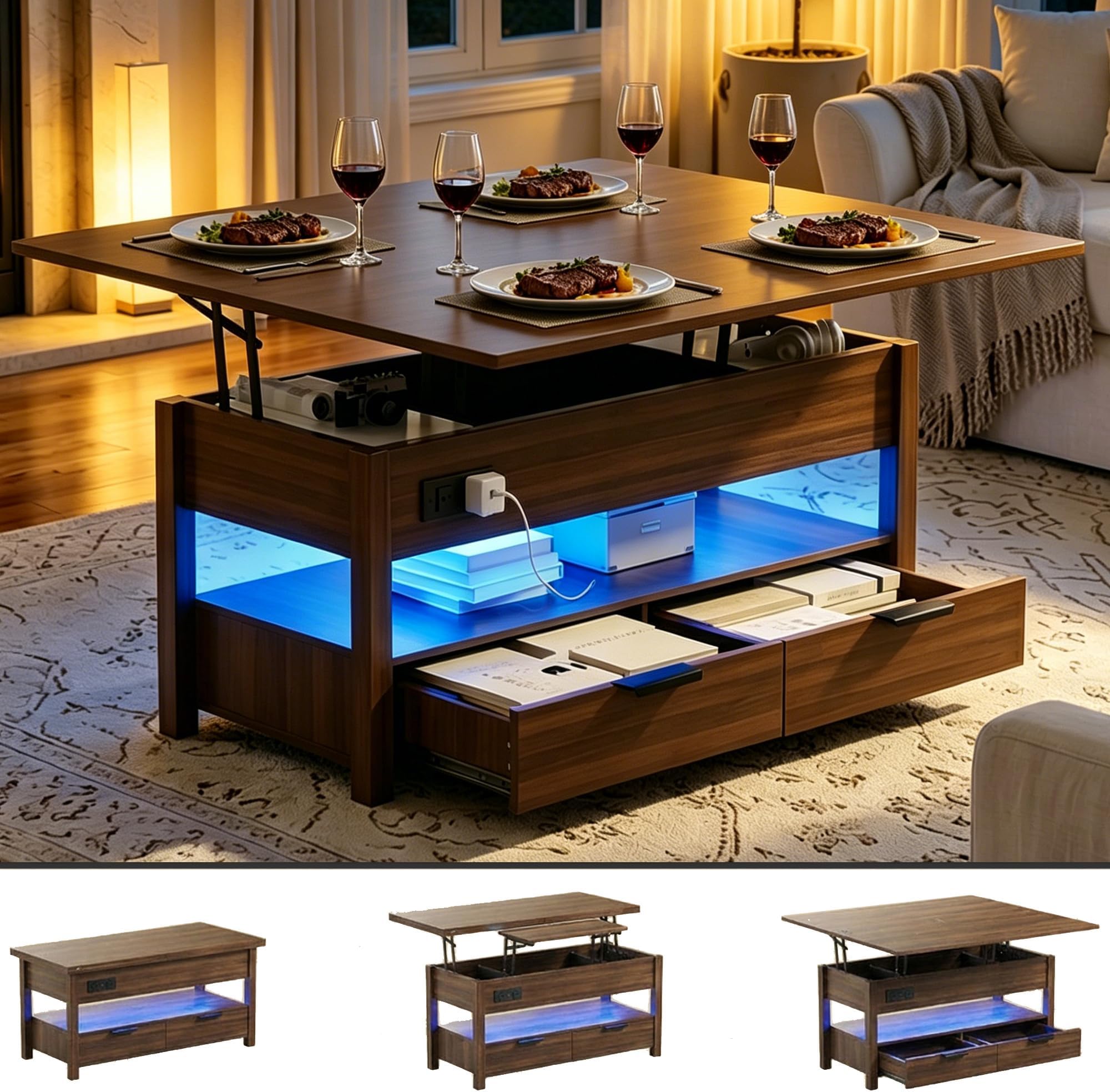 40" Lift Top Coffee Table, Smart Coffee Tables with Power Outlets & LED Lights, Modern Center Table Converts to Dining Table with Lifting Top and Storage for Living Room, Walnut