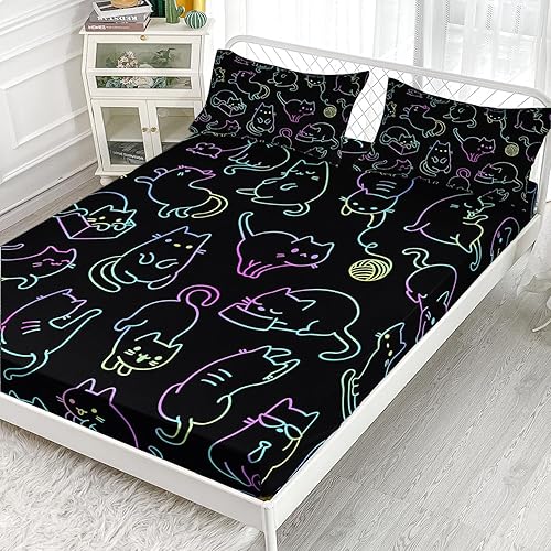 Miniatura 2 de AILONEN Juego de sábanas de 3 piezas con diseño de gatos de tamaño individual, juego de ropa de cama con bonitos animales para niños y niñas, sábana