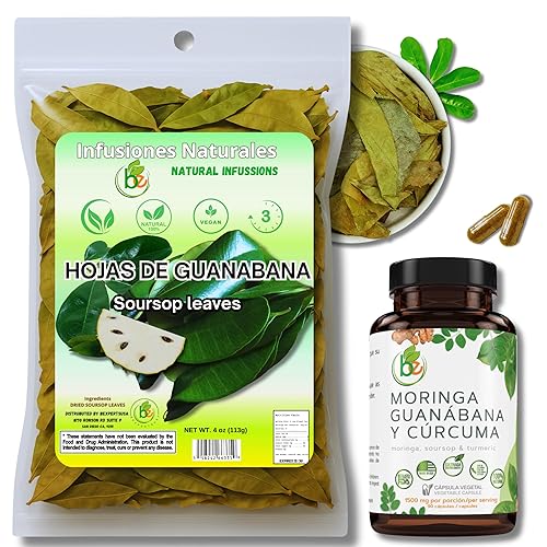Guanábana Hoja Seca Té (té de hojas de guanábana seca) Combo, bolsa de 4 onzas + moringa, guanábana y cúrcuma (cúrcuma), 90 cápsulas cultivadas