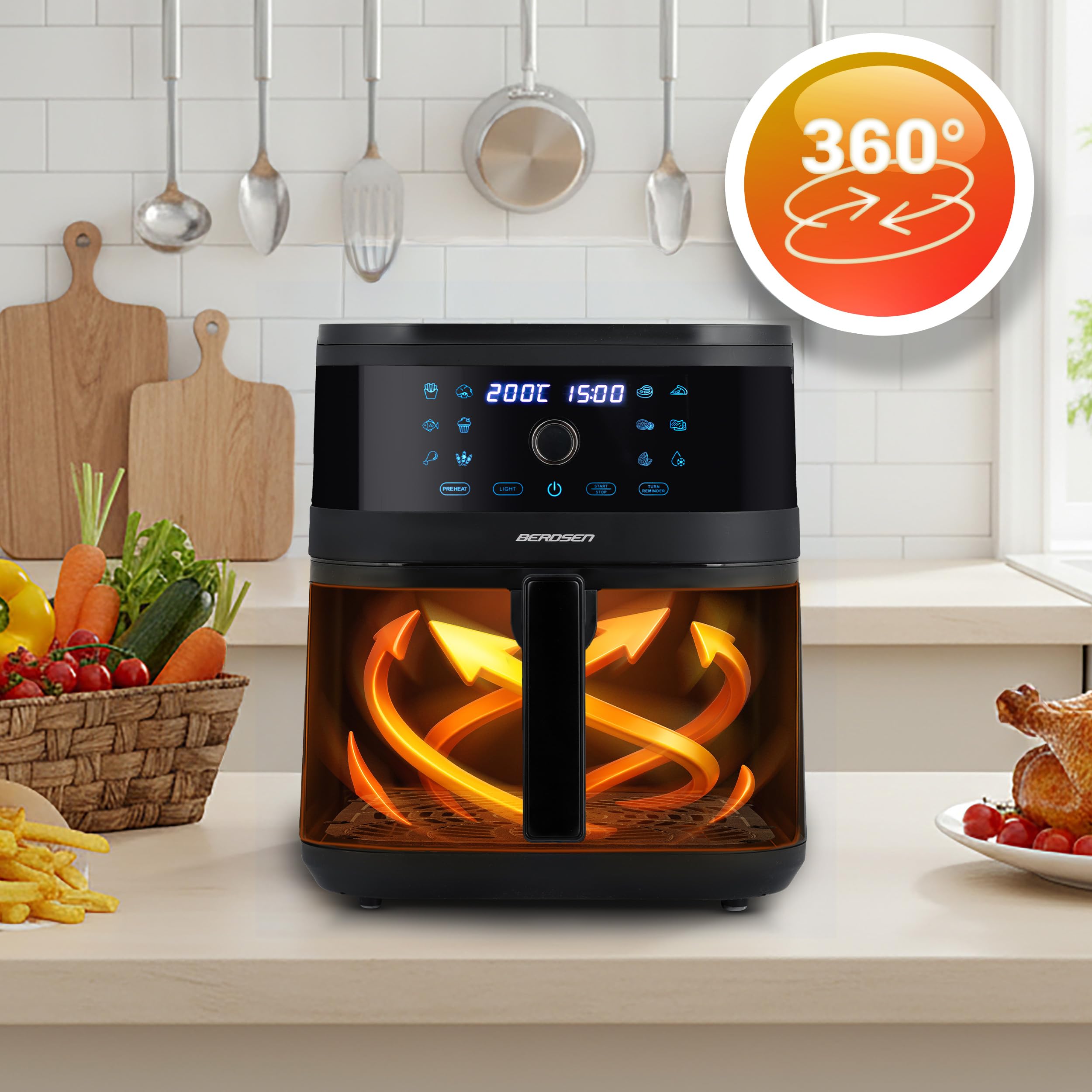 Berdsen Frytkownica Beztłuszczowa XXL 8L - Airfryer z Okienkiem i Ekranem Dotykowym - 1700W - 12 Programów - Zdrowo bez Tłuszczu - Czarna