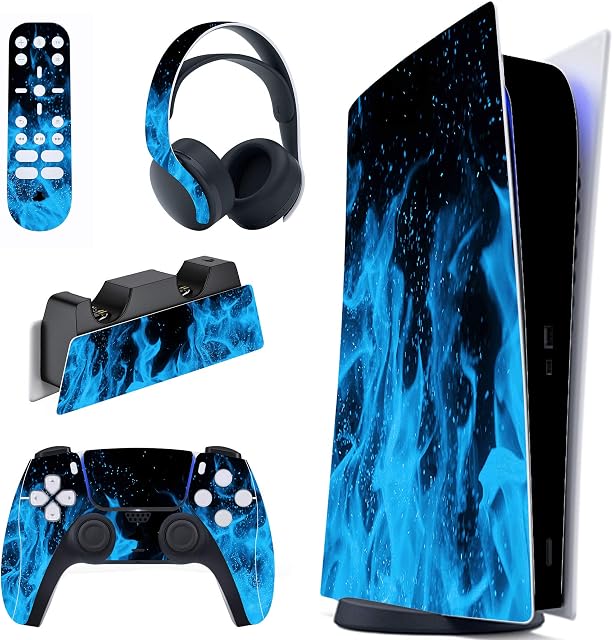 playvital Blue Flame Full Set Skin Decal for ps5 Console Digital Edition, Sticker Vinyl Decal Cover for ps5 Controller & Charging Station & Headset & Media Remote
