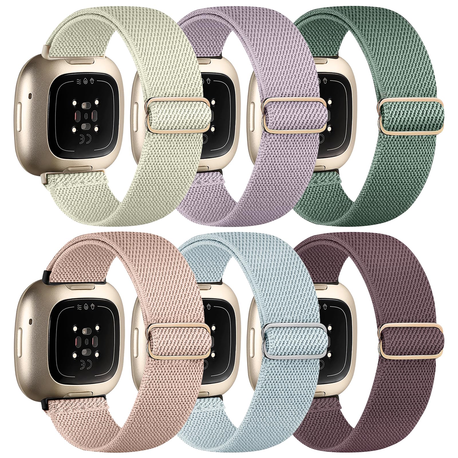 Chinbersky 6 Pack Armband Kompatibel mit Fitbit Versa 3 Armband/Fitbit Versa 4 Armband/Fitbit Sense Armband Damen Herren, Verstellbares Dehnen Nylon Sport band für Fitbit Versa 4/Versa 3/Sense 2/Sense