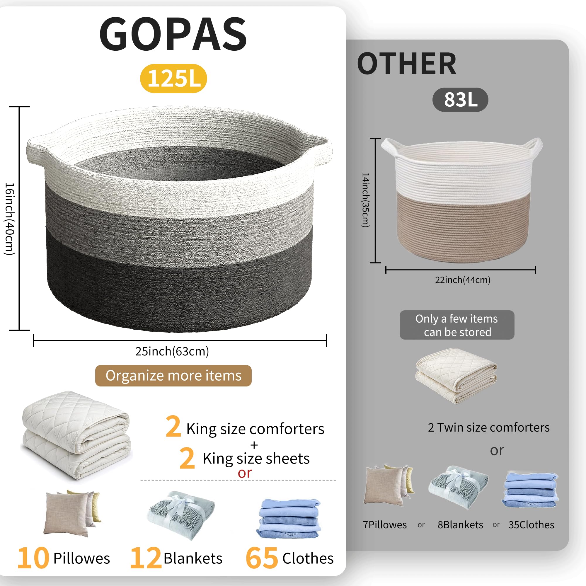 Cesto per coperte extra large da 125 l, 63,5 x 40,6 cm, cesto decorativo per la casa, in corda di cotone con manici, cestino per giocattoli per bambini, grigio graduale