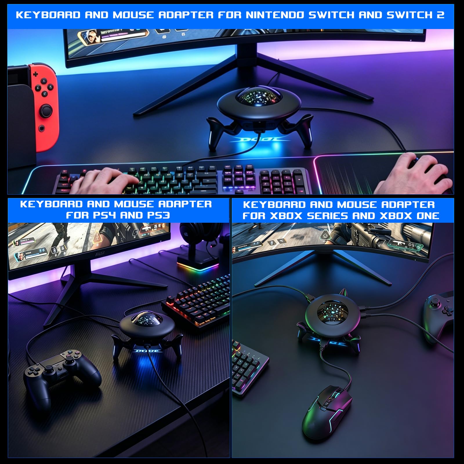 Adaptateur clavier et souris pour Nintendo Switch/Switch 2/Xbox Series X/S/Xbox One/PS4/PS3, convertisseur de console de jeu avec lumières RVB, prend en charge les touches personnalisées, Play FPS
