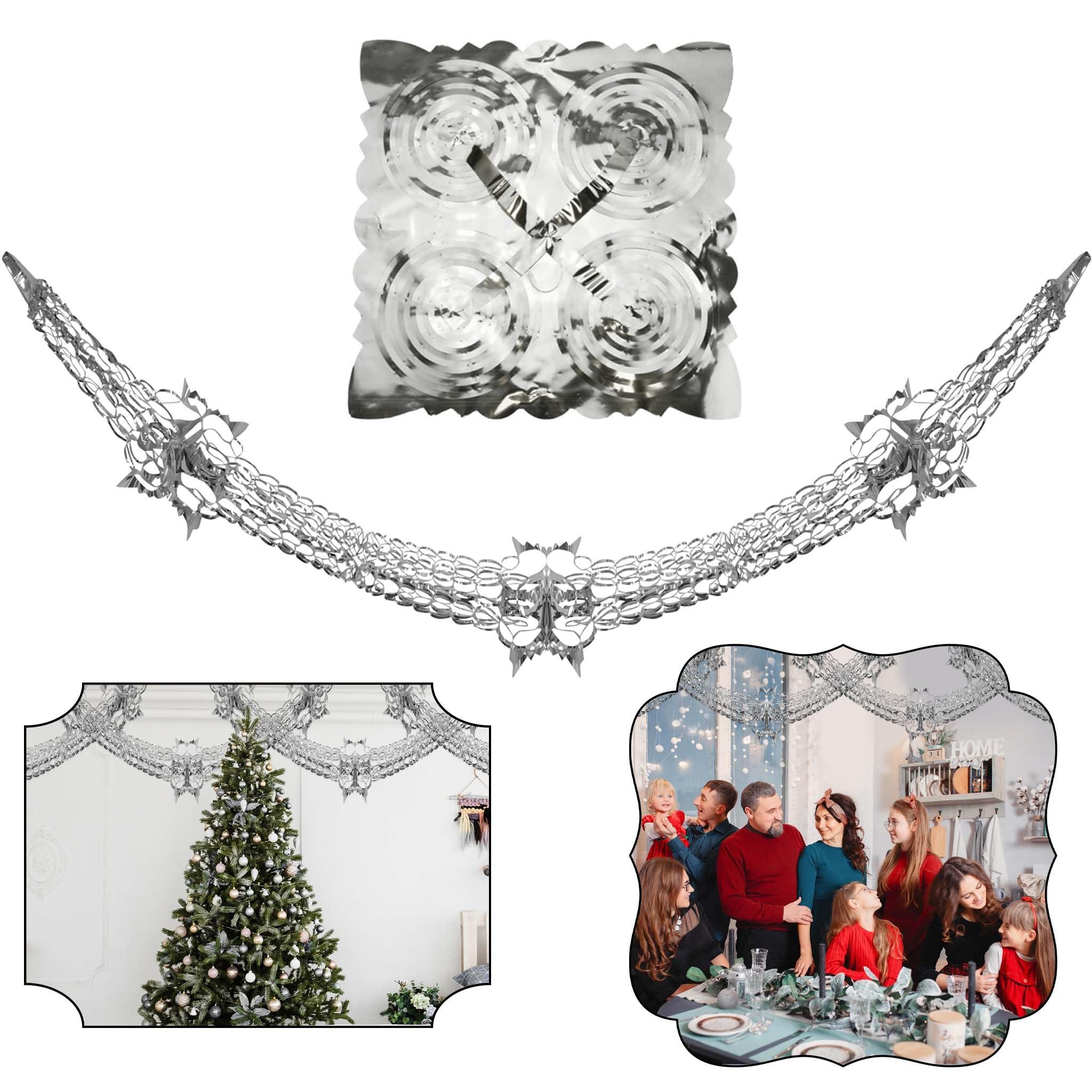 Hovuk Silver Hovuk®Christmas Hanging Ceiling,Wall Decoration Foil Garland,Bell,Ball,Snowflake Decoration (, 30Cm X 2.7M Garland)