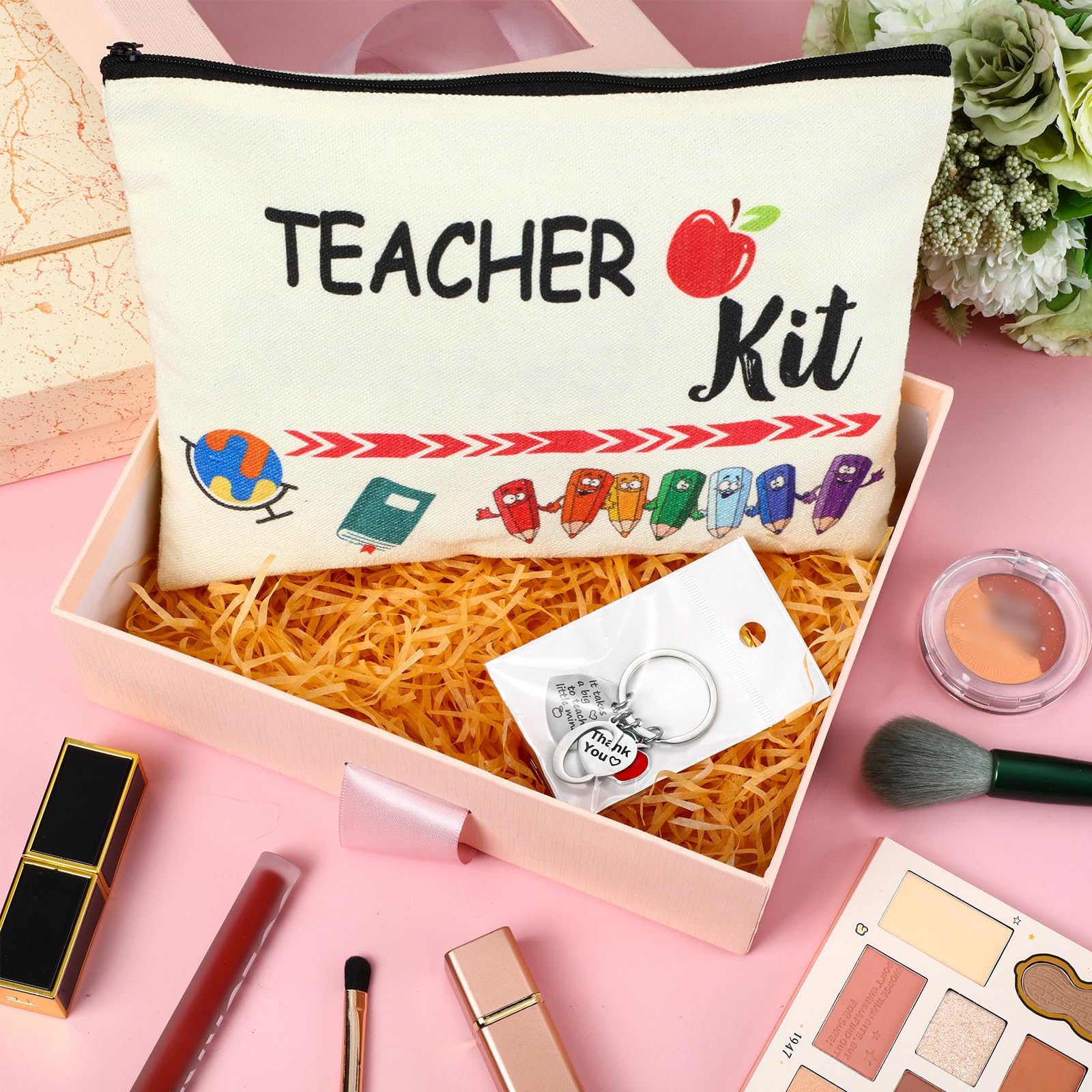 MTLEE 2 Pcs Teacher Appreciation Gift Sets 2025 Graduation Present Makeup Pouch Cosmetic Bag Thank You Keychain with Initial(C Shape)