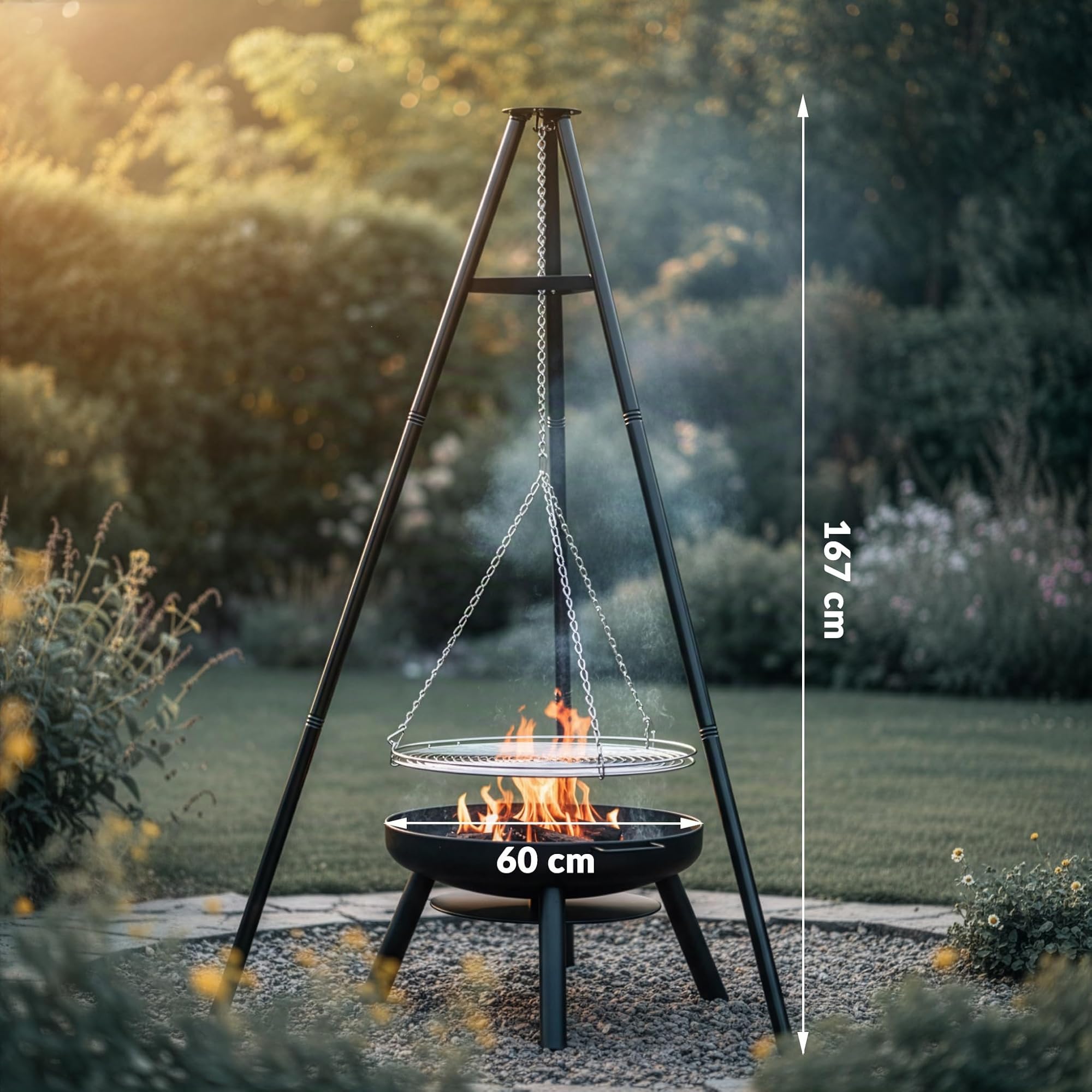 LEHMANN Braciere da Giardino con Griglia Ø 60 cm - Braciere da Esterno per Terrazza, Giardino, Balcone - Struttura in Acciaio - Robusta e Durevole - Nero - 12 kg