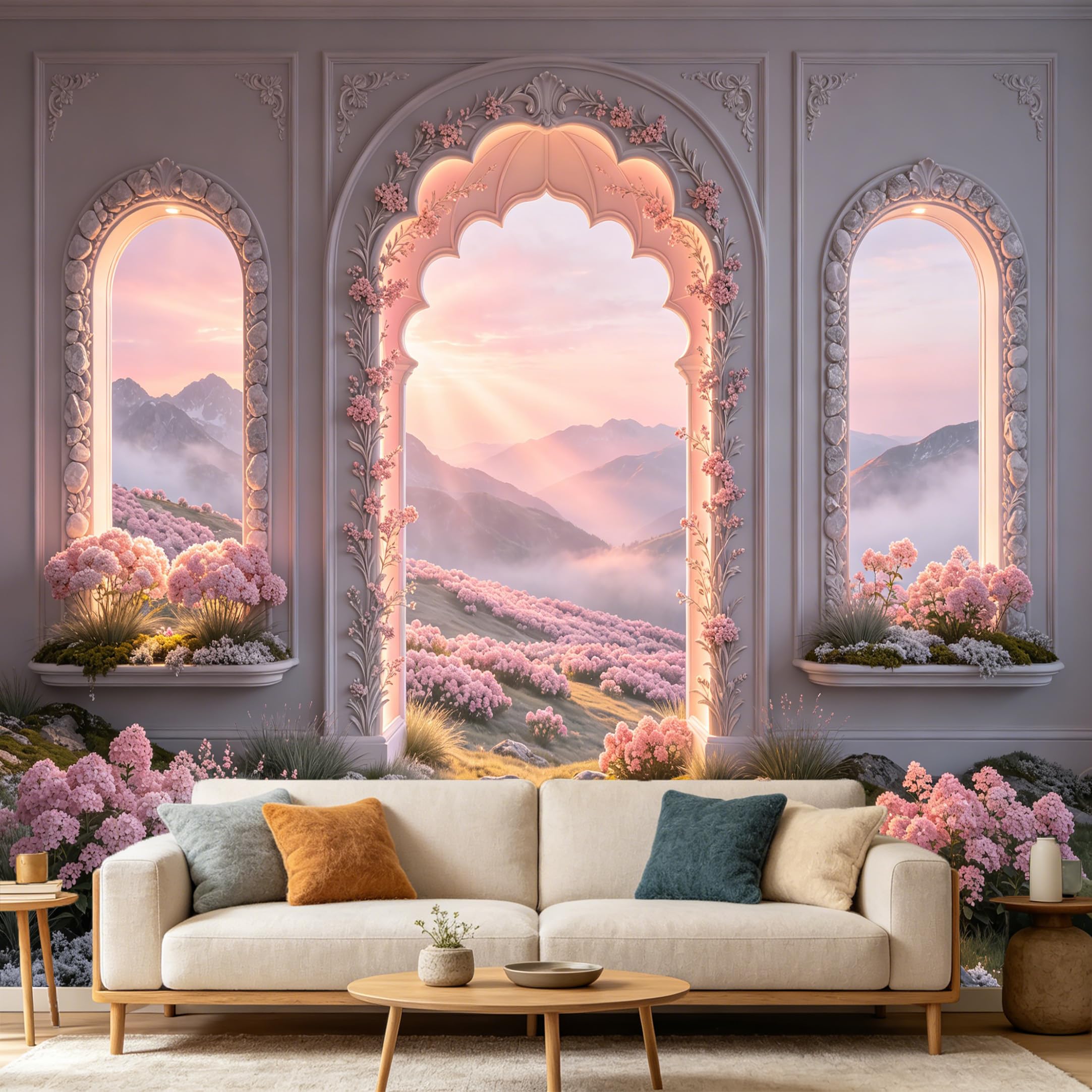Custom Size Wall Mural， 3D Trompe L'Oeil Pink Flower Archway Mountain Scenery， SelfAdhesive Art Prints wall Fabric Removable Large Wallpaper Home Living Room Decor