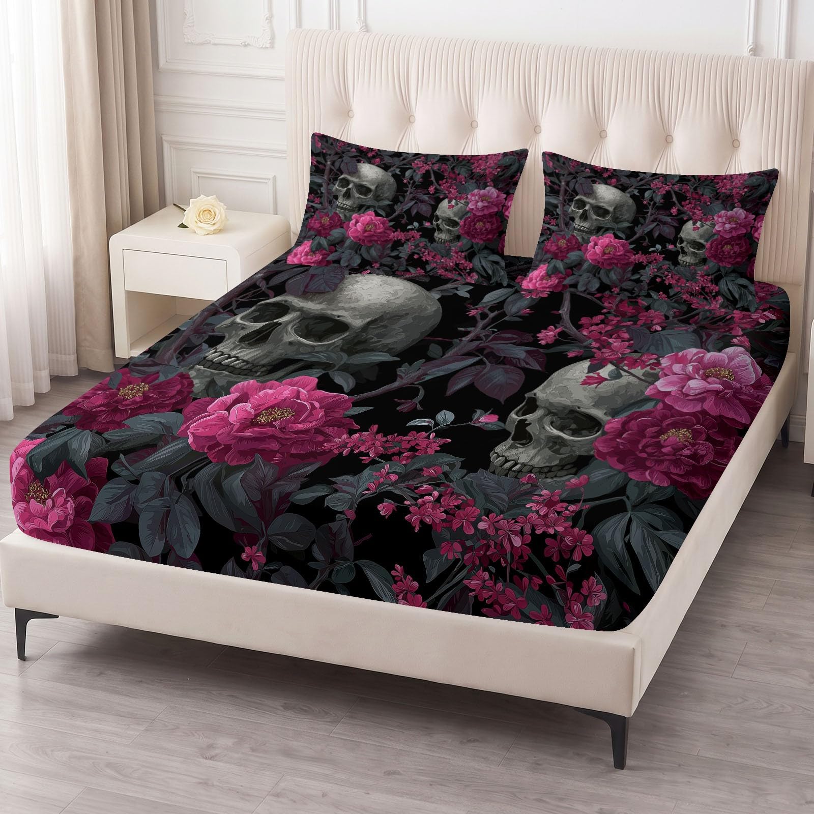 Juego de sábanas bajeras de 3 piezas, 140 x 200 cm, diseño de calavera y flores góticas, de microfibra, horror, gótica, suave, agradable al tacto, transpirable, colchones de hasta 30 cm de altura