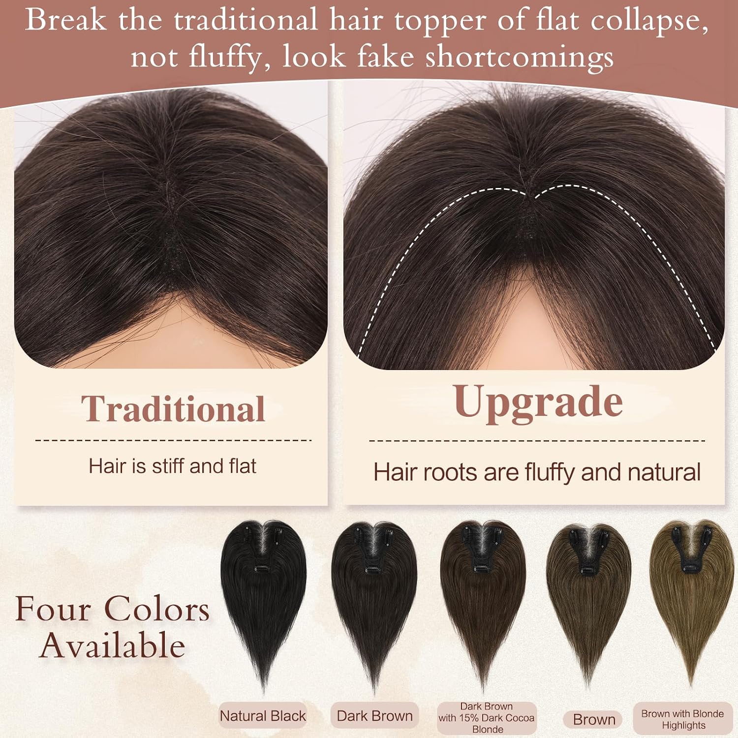 RUWISS Hair Toppers for Women Real Human Hair Lightweight Clip in Hairpiece for Thinning Hair Fluffy Straight, Nautral Black